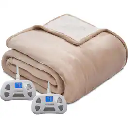 MOSZAR LLC - Queen Electric Heated Blanket – Dual Control, Flannel & Sherpa - Khaki