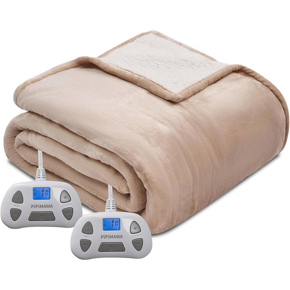 MOSZAR LLC - Queen Electric Heated Blanket – Dual Control, Flannel & Sherpa - Khaki