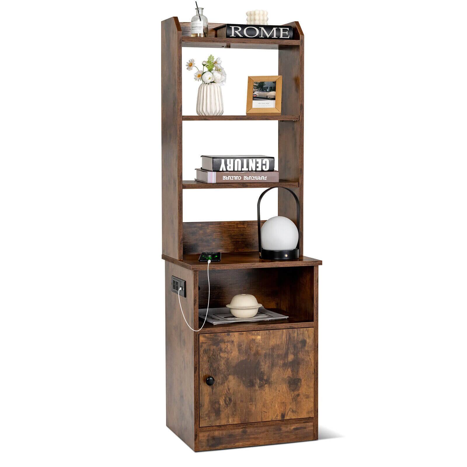 Ecooso - 6-Tier Bookshelf Nightstand with Charging Station and Storage Cabinet - Rustic Brown