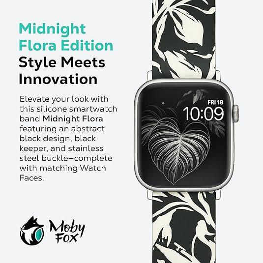 Midnight Flora Edition  
Style Meets Innovation  

Elevate your look with this silicone smartwatch band Midnight Flora featuring an abstract black design, black keeper, and stainless steel buckle—complete with matching Watch Faces.  

FRI 18 10:09  

Moby FOX