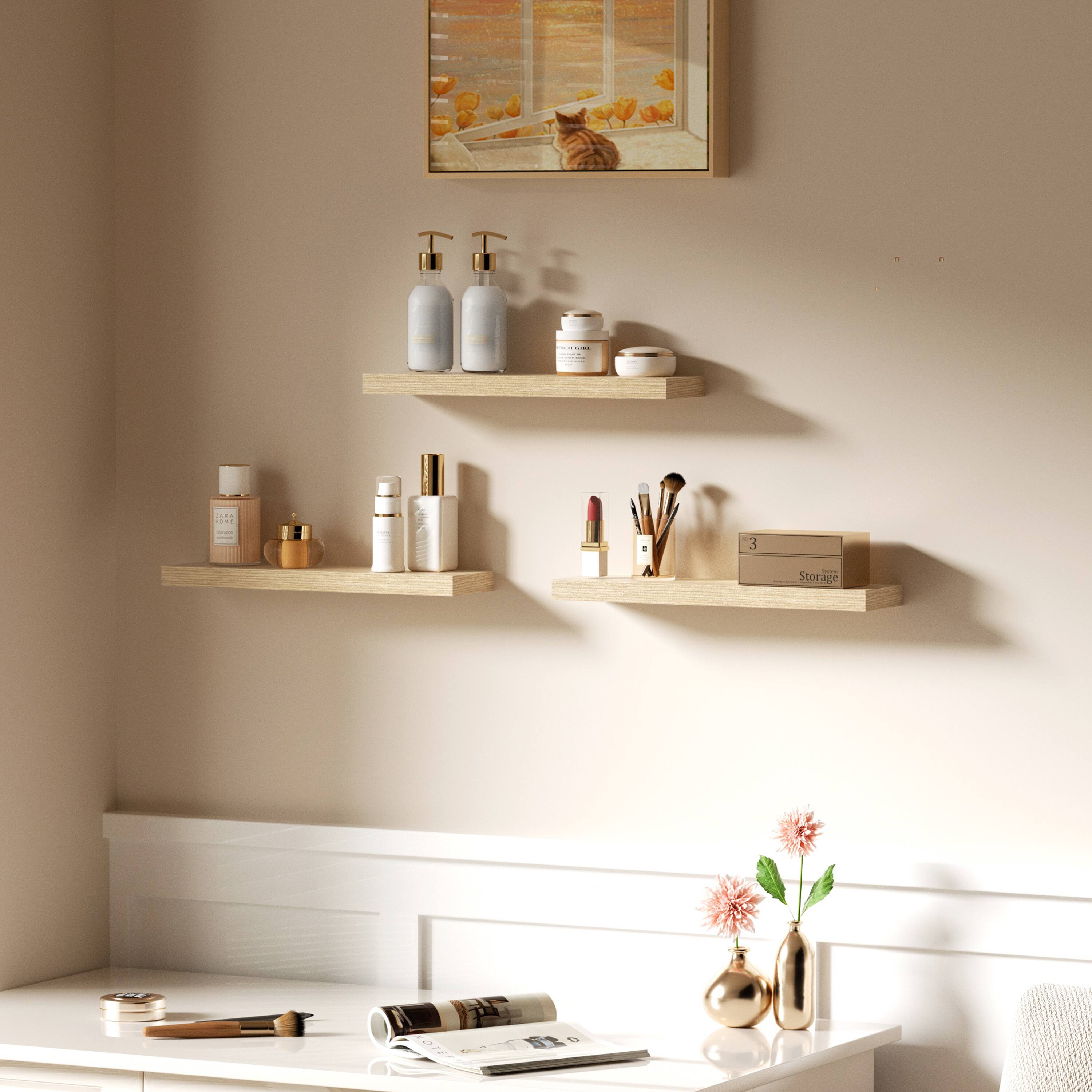 Alt View 5. BOMEDA - Wooden Floating Shelves for Wall, Bathroom or Room Wall Storage, Hanging Shelf Organizer, 24x7x1.5 in, 3 Pack - Oak.