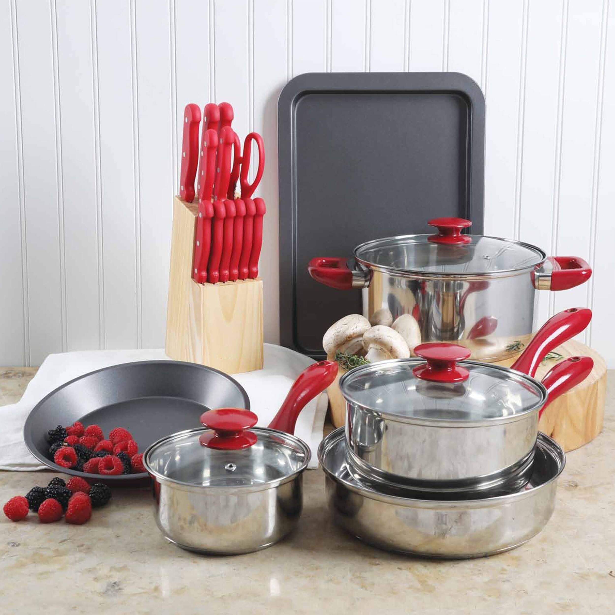 Alt View 3. MegaChef - MegaChef 22 Piece Aluminum Cookware Combo Set in Red - Red.