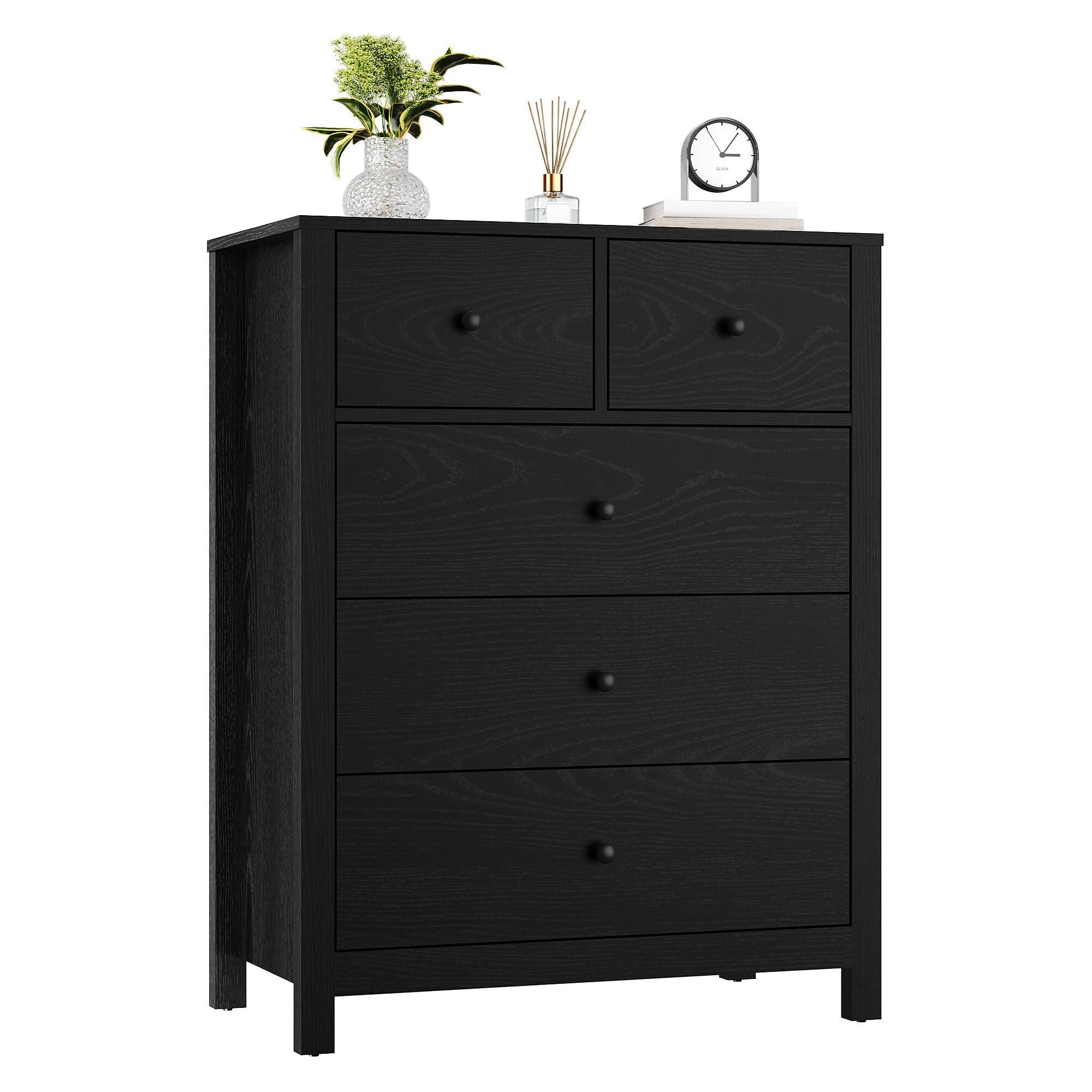 Alt View 7. GARVEE - Tall 5 Drawer Dresser, Modern Wood Chest with Deep Storage & Metal Knobs - Black.