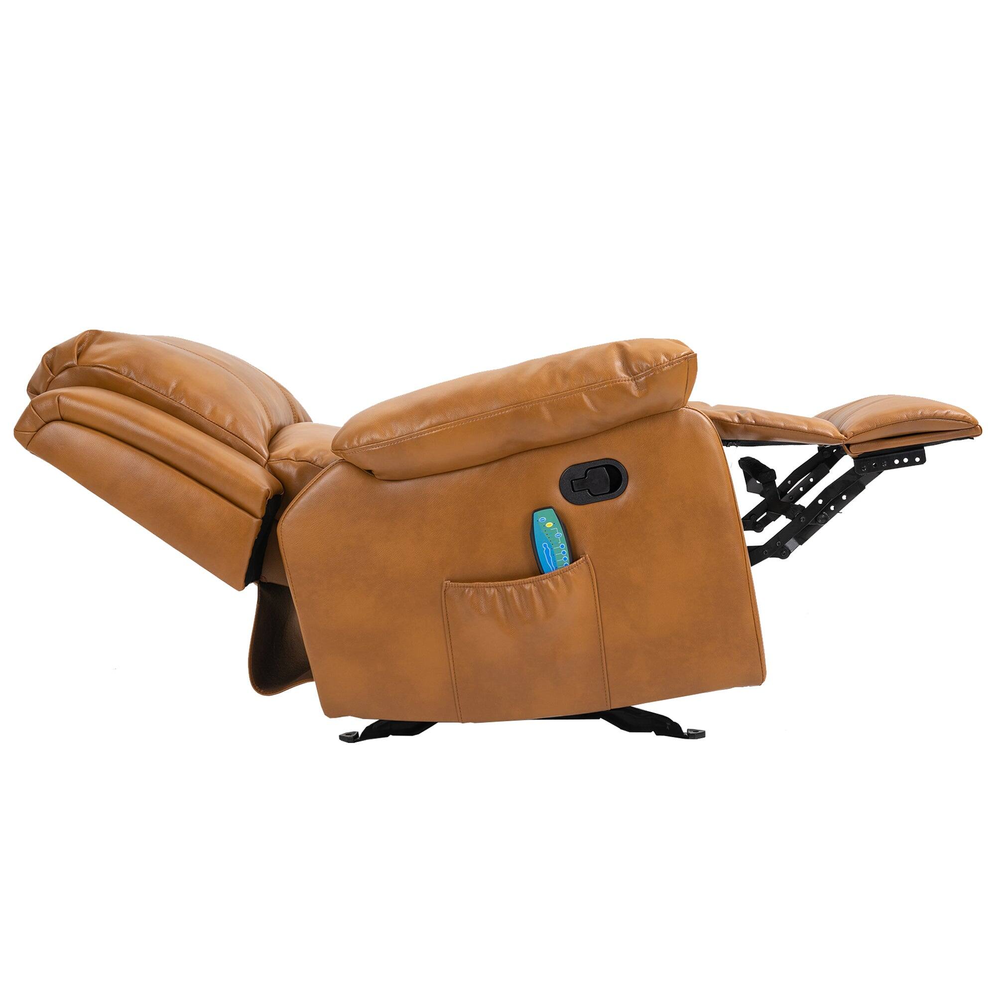Back. Boyel Living - Heavy Duty Faux Leather 8-Point Massage Glider Recliner with Remote Control and Side Pocket - Camel.