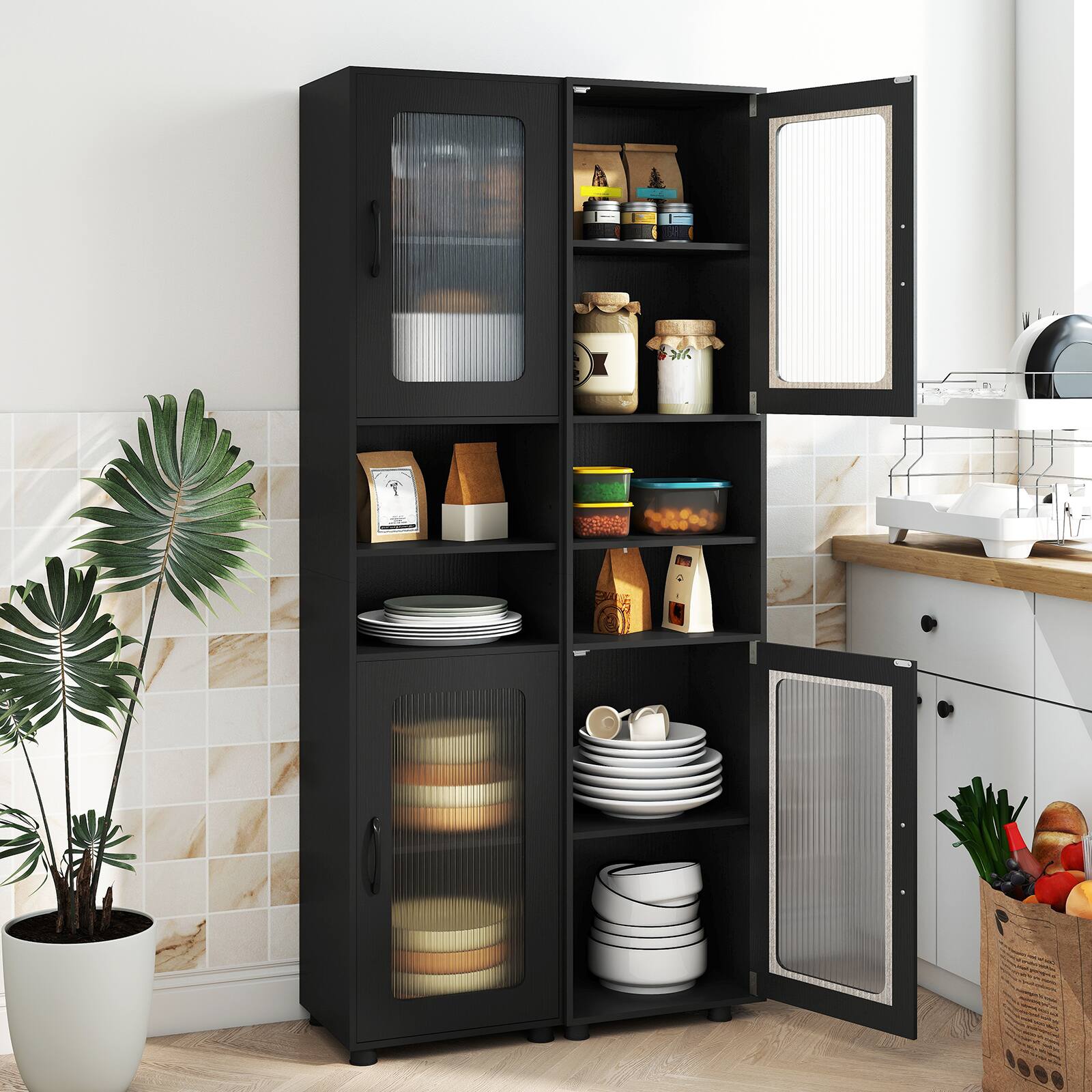 Alt View 4. Costway - Costway Bathroom Cabinet, Slim Floor Storage Cabinet with 2 Fluted Doors,4 Rubber Feet - Black.