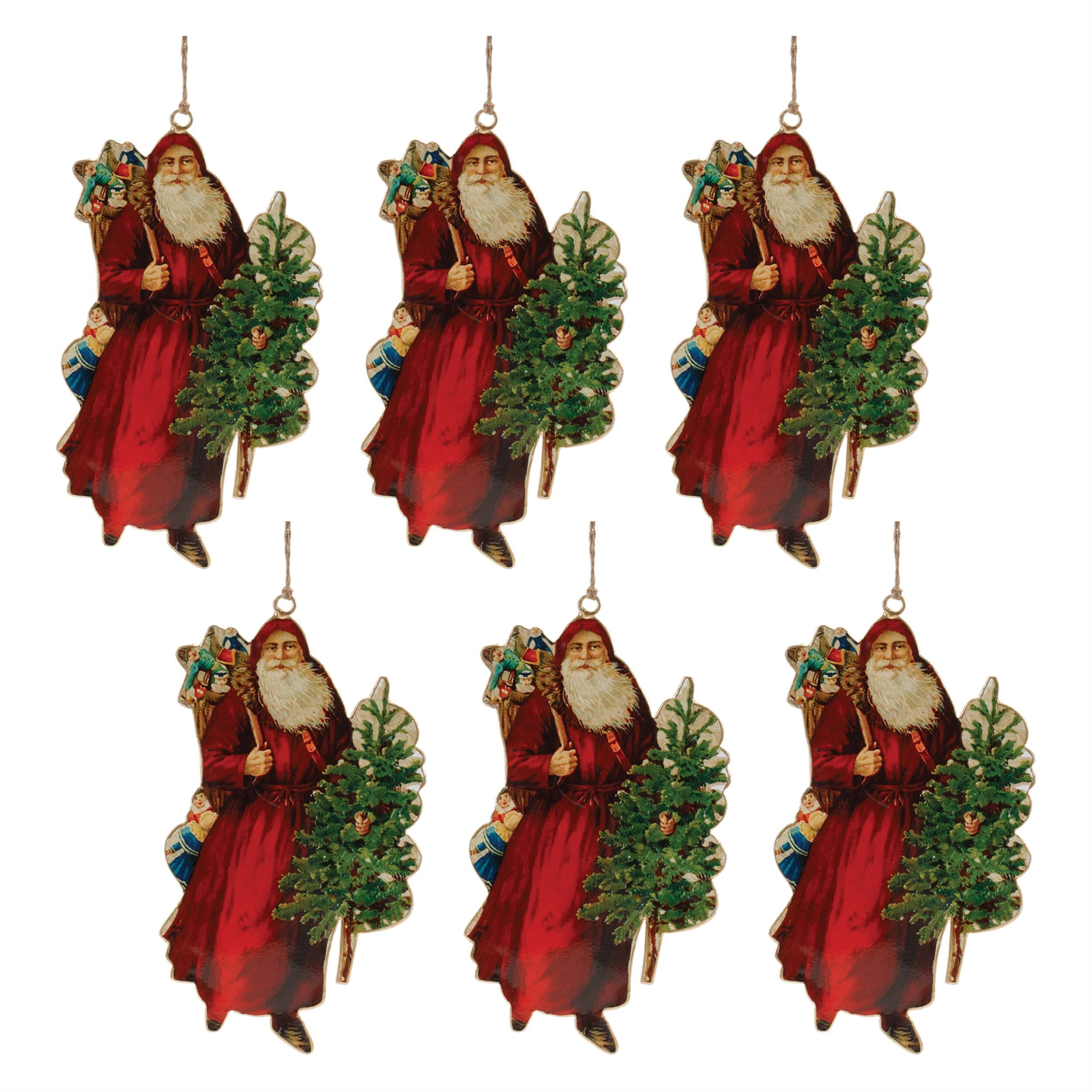Left. BreeBe - Vintage Metal Santa Ornament (Set of 6) - Red, Green.