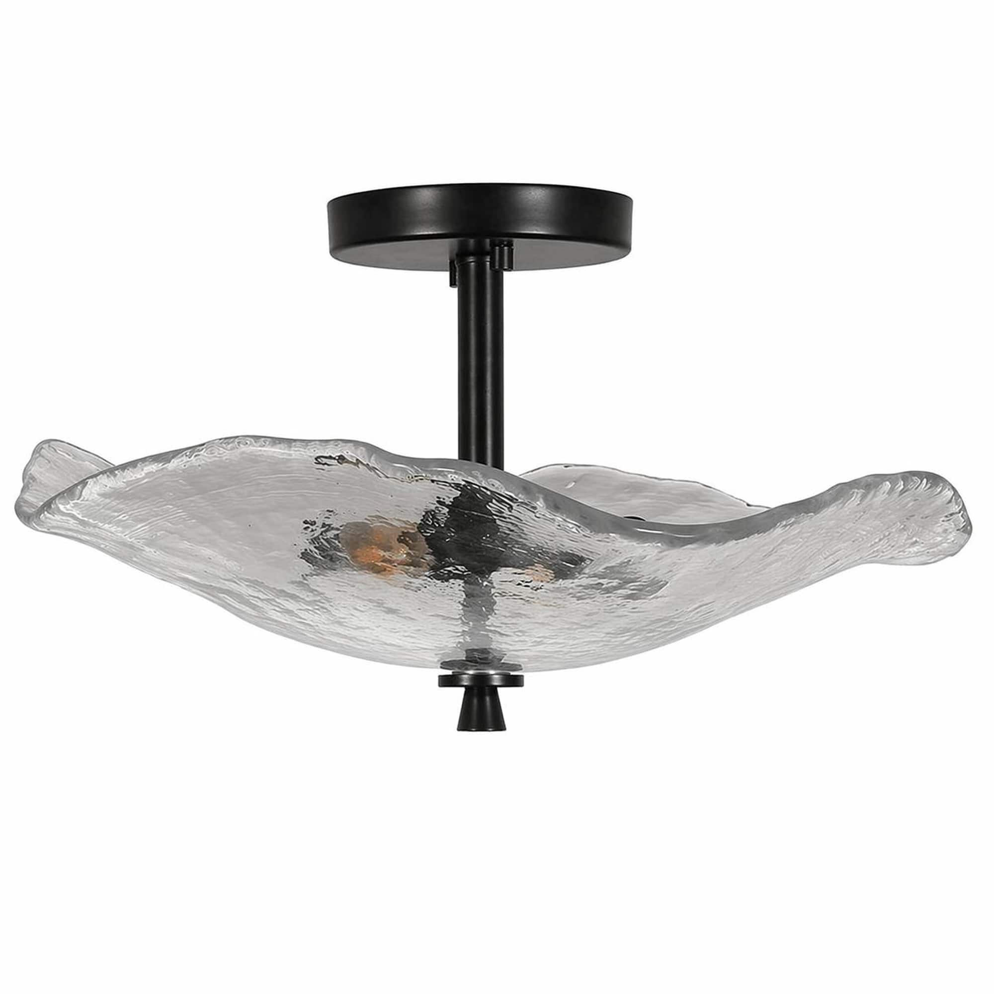 RYHNUYNE - Black Flush Mount Ceiling Light with Water Ripple Glass Shade Modern Semi-Flush Fixture for Hallway, Bedroom, Kitchen