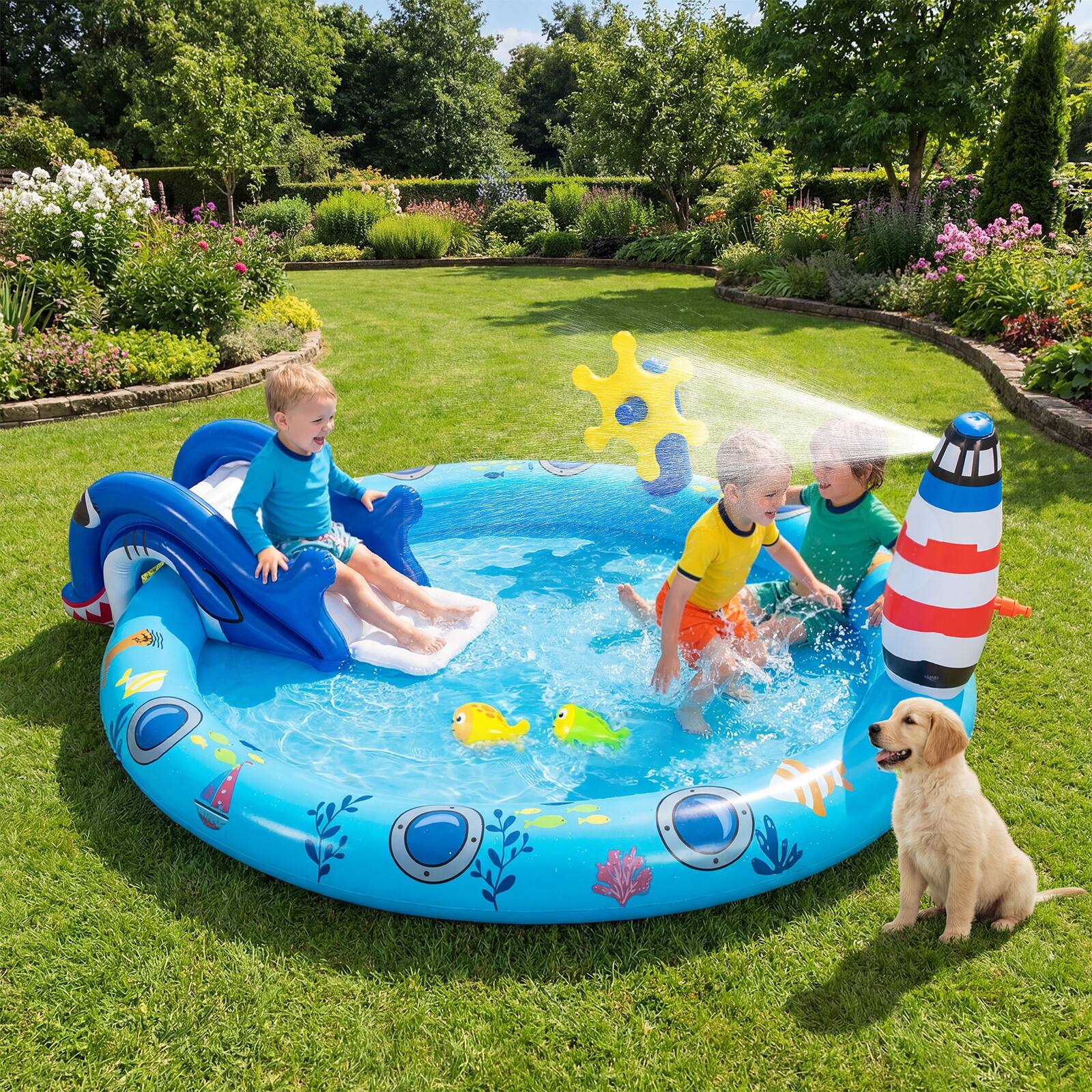 Alt View 3. Costway - Costway Inflatable Play Center with Shark-shaped Slide, Lighthouse Sprinkle for Backyard - Multi-color.