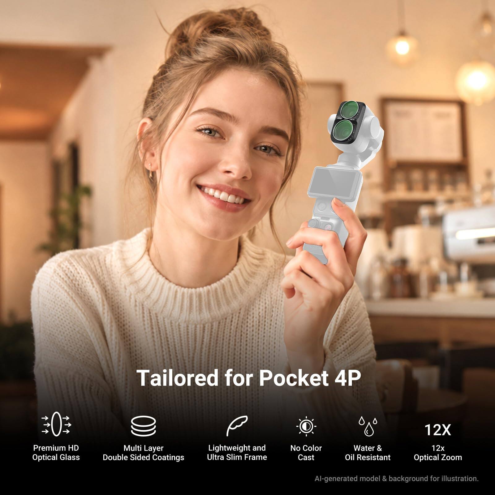 Tailored for Pocket 4P

Premium HD Optical Glass
Multi Layer Double Sided Coatings
Lightweight and Ultra Slim Frame
No Color Cast
Water & Oil Resistant
12X Optical Zoom

AI-generated model & background for illustration.