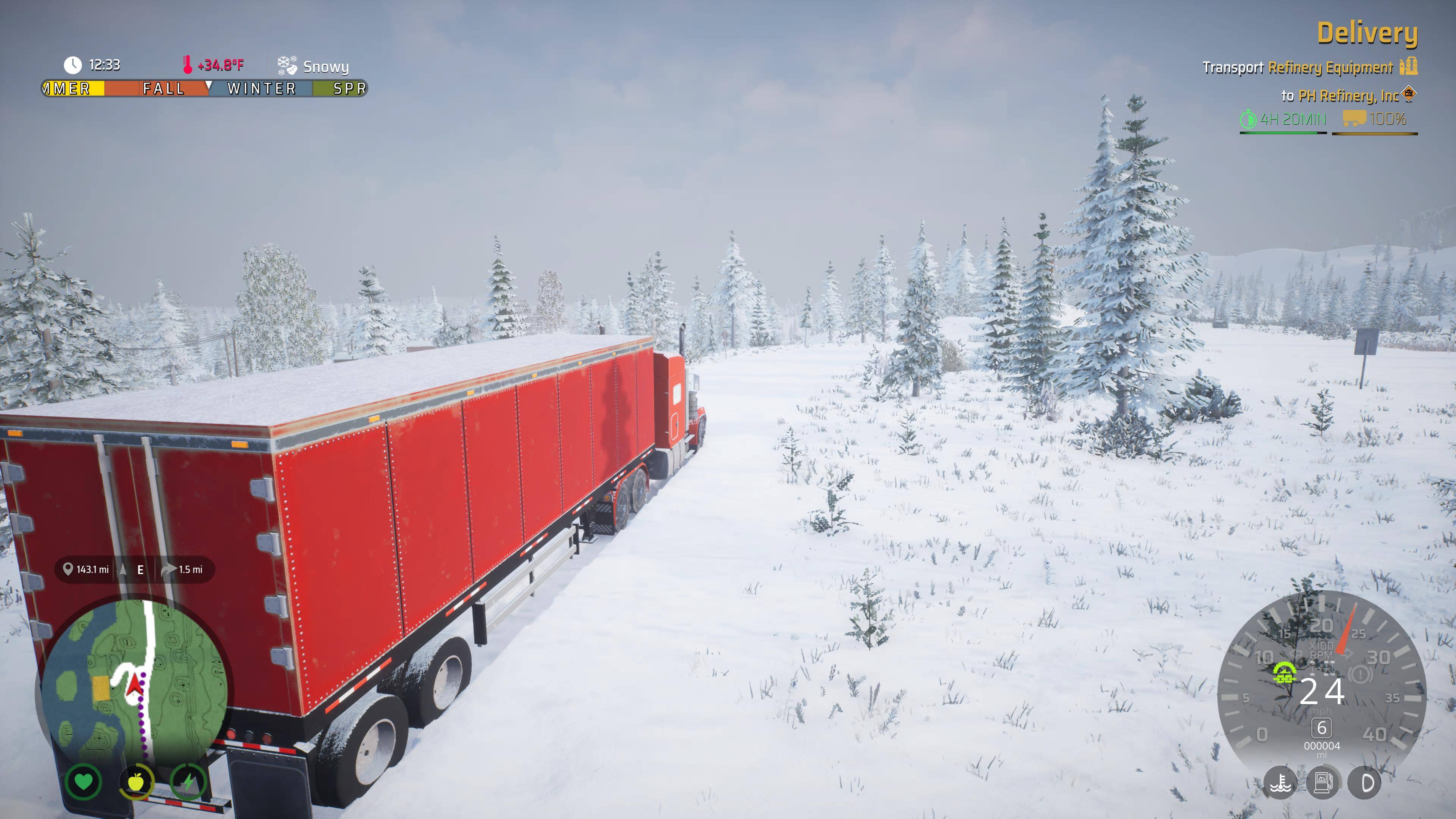 The text on the image is:

12:33 MER +34.8F Snowy FALL WINTER SPR Delivery Transport Refinery Equipment 10 to PH Refinery, Inc 4H 20MIN  100% 043.1 m E 1.5 mi 20 5 25 Caix 10 PM 30 DO (0) 5 24 35 000004 ITE S D A

The corrected text is:

12:33 MER +34.8F Snowy FALL WINTER SPR Delivery Transport Refinery Equipment 10 to PH Refinery, Inc 4H 20MIN  100% 043.1 m E 1.5 mi 20 5 25 Caix 10 PM 30 DO (0) 5 24 35 000004 ITE S D A