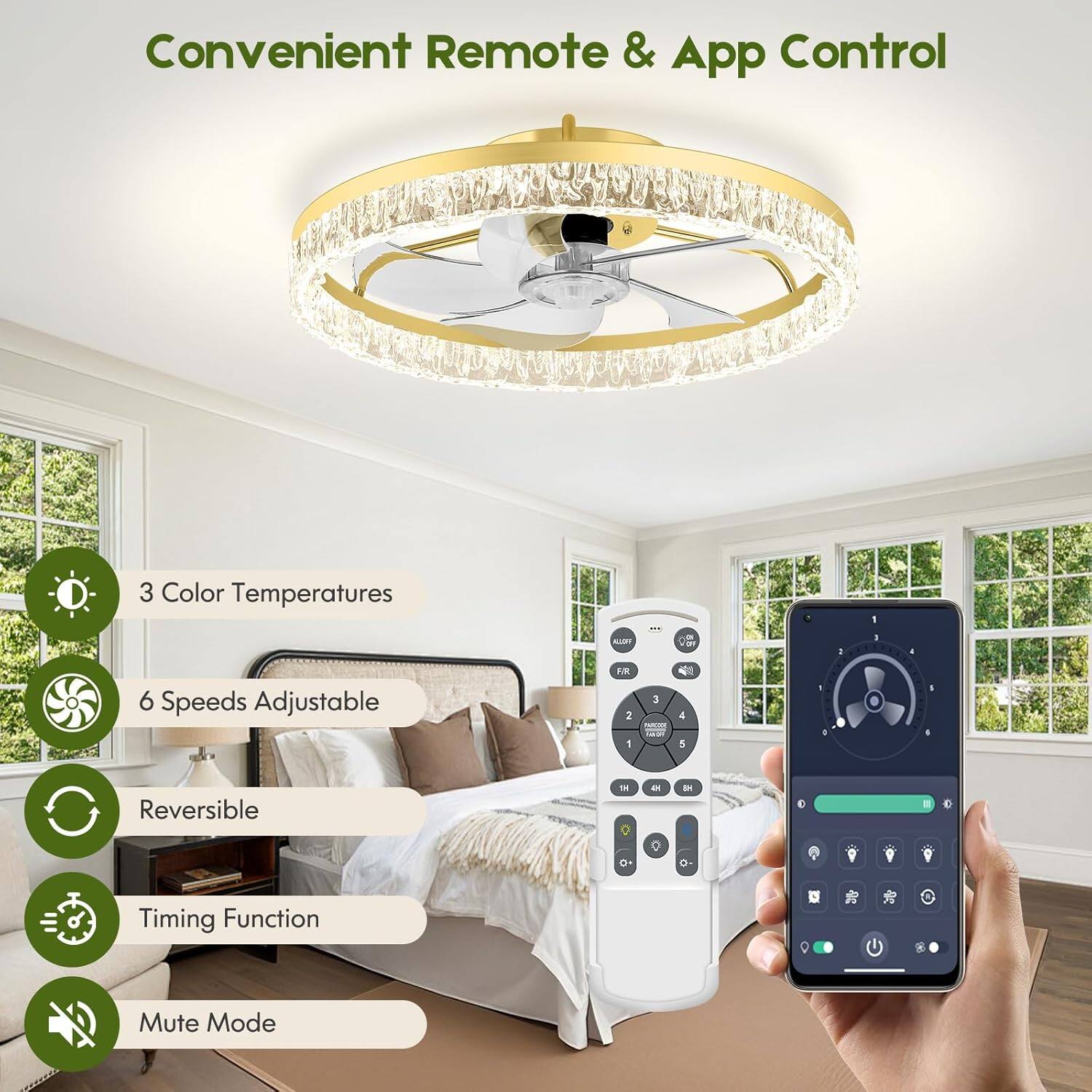 Convenient Remote & App Control

- 3 Color Temperatures
- 6 Speeds Adjustable
- Reversible
- Timing Function
- Mute Mode
