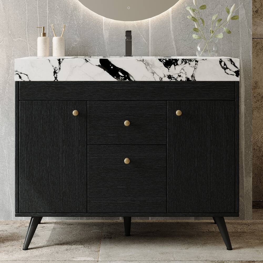 Angle. Loheer - Loheer 36 inch freestanding bathroom vanity with sintered stone vanity top, ceramic sink, black and gold - Black/Gold/White.