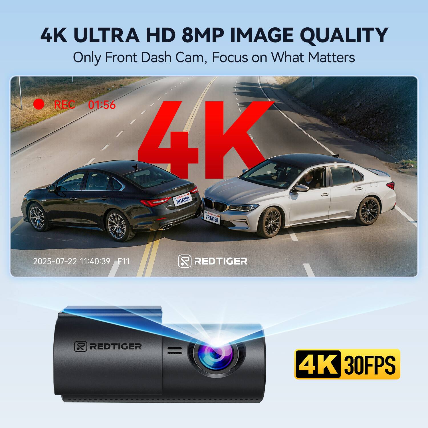 4K ULTRA HD 8MP IMAGE QUALITY  
Only Front Dash Cam, Focus on What Matters  

REC 01:56  

4K  

2025-07-22 11:40:39 F11  

REDTIGER  

REDTIGER = 4K 30FPS