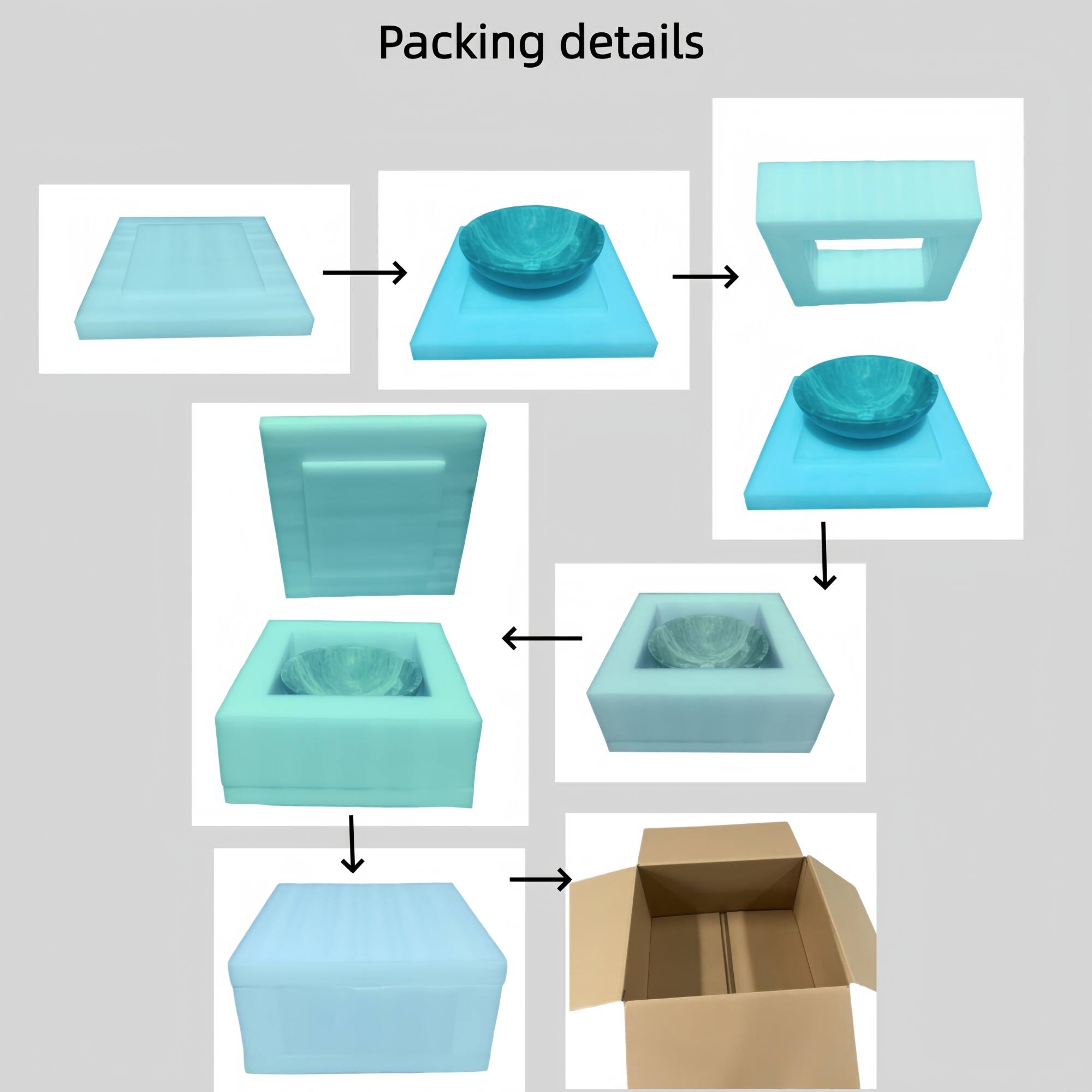 Packing details

1. Start with a flat base.
2. Place the bowl on the base.
3. Add a rectangular cover.
4. Place the bowl on the cover.
5. Add a hexagonal base.
6. Place the bowl on the hexagonal base.
7. Add a hexagonal cover.
8. Place the bowl on the hexagonal cover.
9. Add a cardboard box.
10. Place the bowl inside the box.