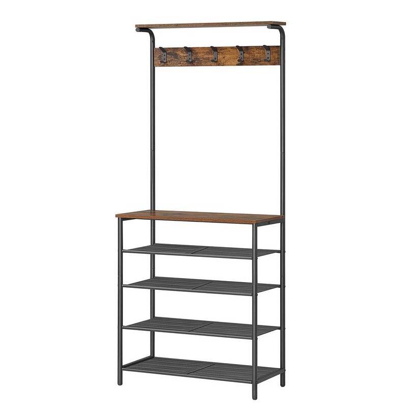 Angle. Hivvago - Hivvago Modern Industrial Style Hall Tree Coat Rack Entryway Shoe Rack with 4 Shelves - Rustic Brown, Black.
