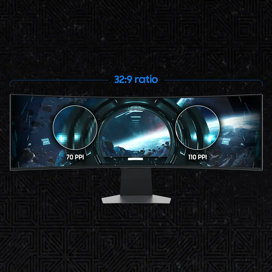 The text on the image reads "32:9 ratio 70 PPI 110 PPI." This information refers to the specifications of a computer monitor. The "32:9 ratio" indicates that the monitor has a 32:9 aspect ratio, which is wider than the standard 16:9 ratio. The "70 PPI" and "110 PPI" represent the monitor's pixel density, with 70 PPI being lower and 110 PPI being higher. In general, a higher PPI value results in a sharper and more detailed image.