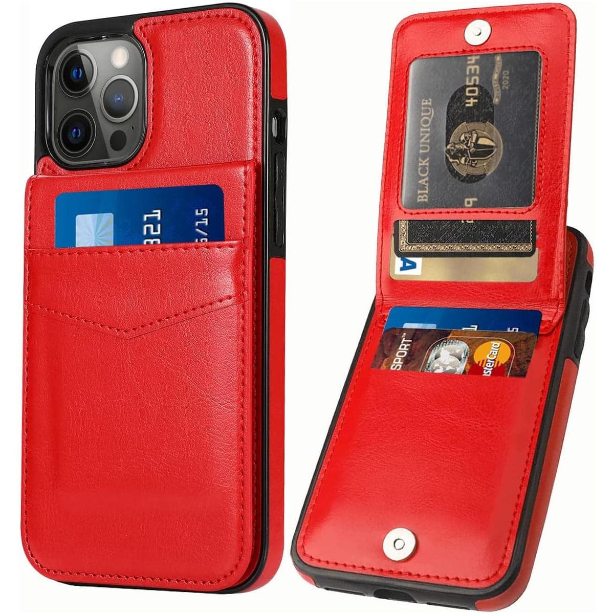 Entronix - Slim Leather Wallet Case for iPhone 16 Pro with 6 Slot Card Holder - Red