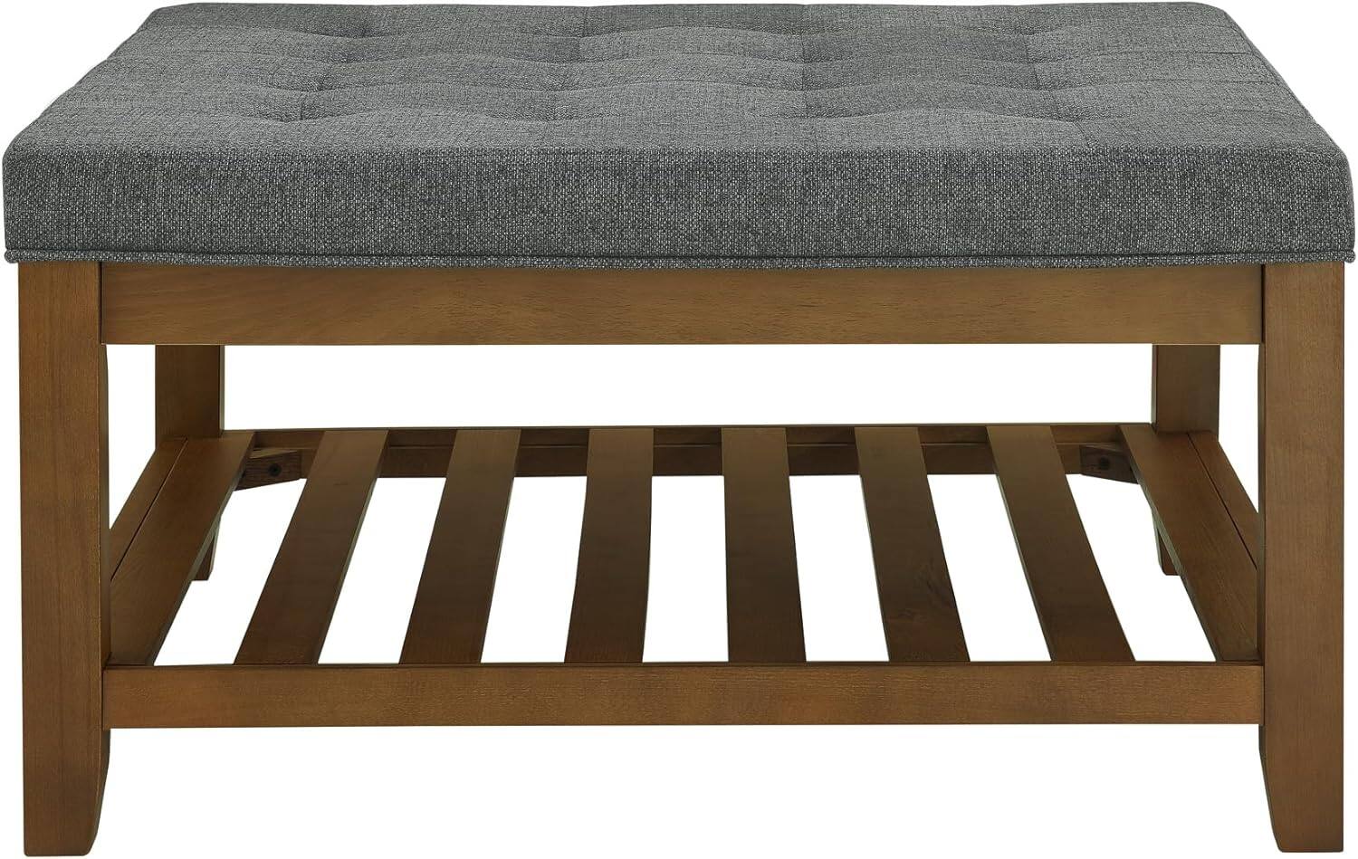 Alt View 5. Trinkets Crazed - Large Square Upholstered Tufted Linen Ottoman Coffee Table, Large Footrest Ottoman with Solid Wood Shelf - Dark Gray .