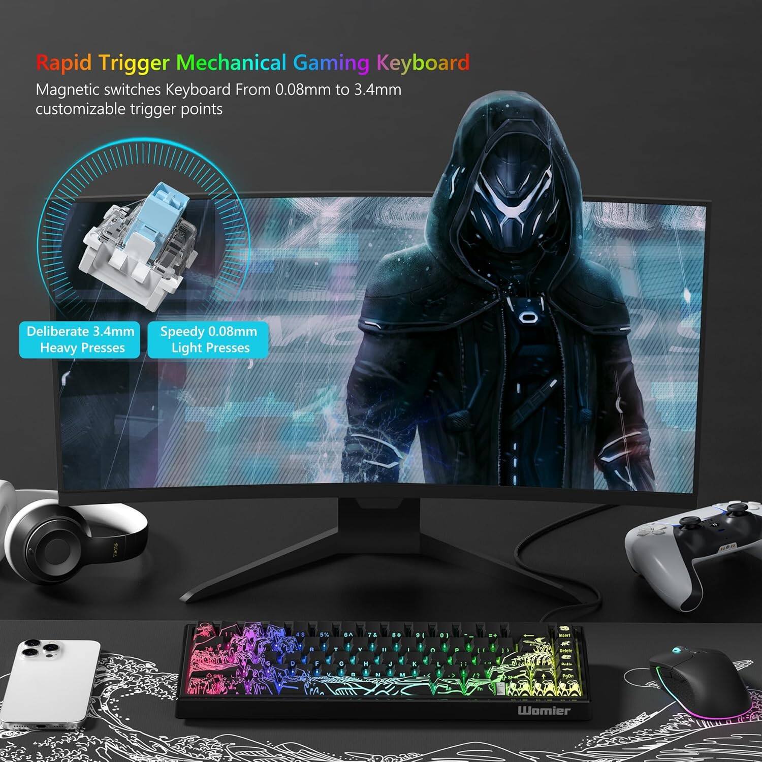 Rapid Trigger Mechanical Gaming Keyboard  
Magnetic switches Keyboard From 0.08mm to 3.4mm customizable trigger points  

Deliberate 3.4mm Heavy Presses  
Speedy 0.08mm Light Presses