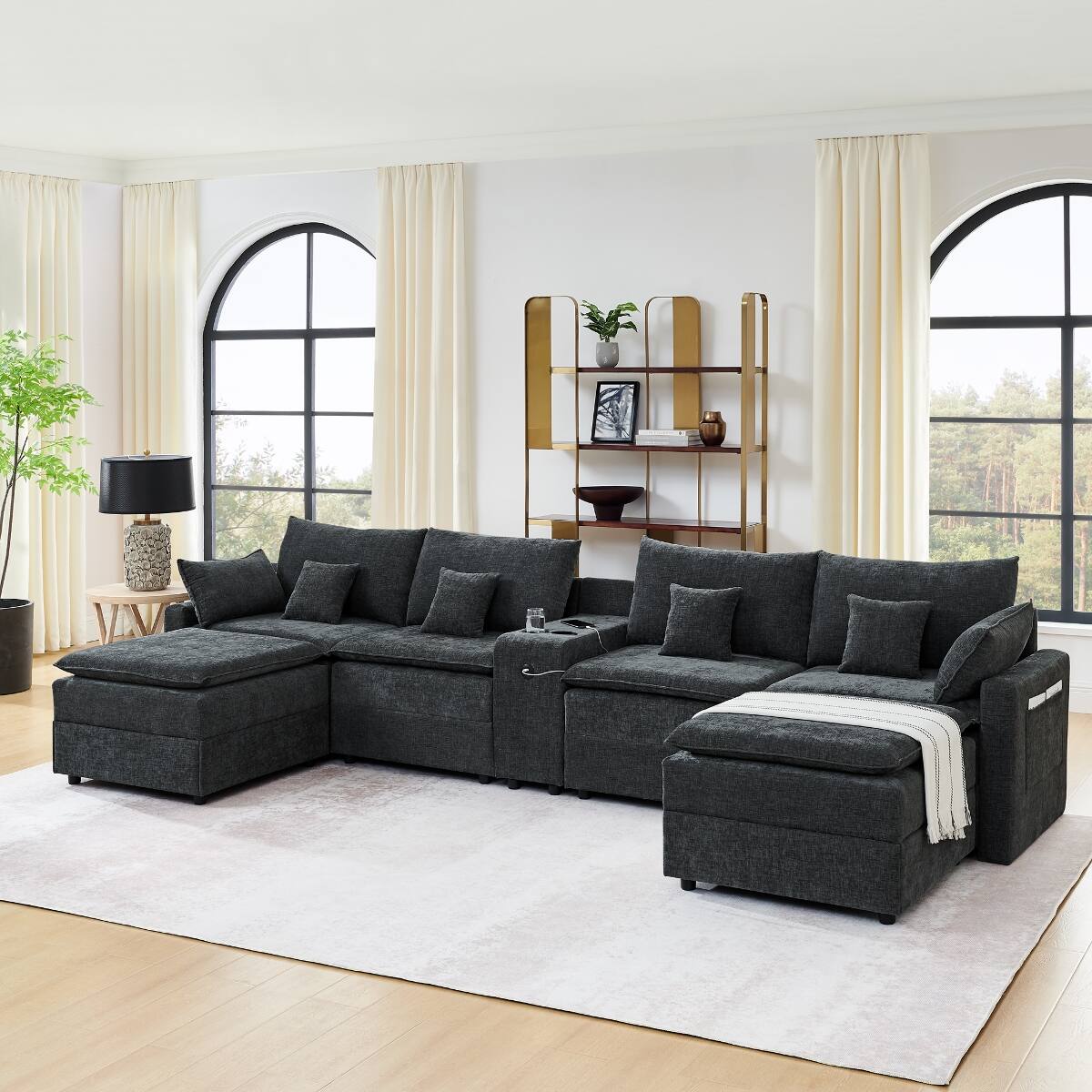 Angle. Ropilly - Ropilly U Shaped Modular Sectional Sofa, Black Chenille Center Console Sectional for 6 Seat Living Room - Black.