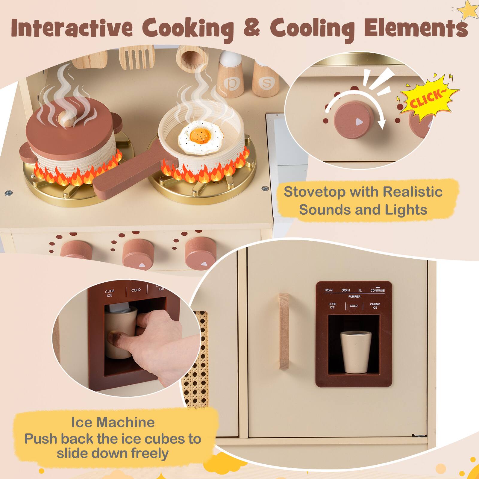 Interactive Cooking & Cooling Elements

Stovetop with Realistic Sounds and Lights

Ice Machine
Push back the ice cubes to slide down freely