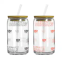 Logo Brands - Cincinnati Bengals 16oz. Step And Repeat Glass Can with Lid & Straw 2-Pack - Multicolor