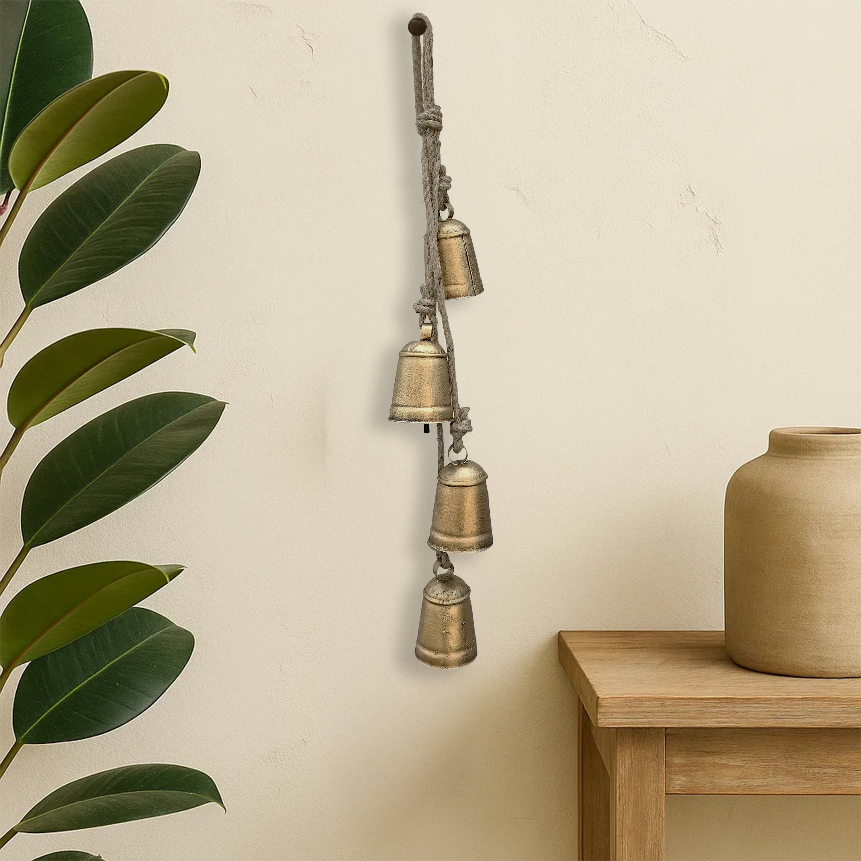 Alt View 6. Manhattan Lane - Zema Rustic Iron Hanging Bells Wall Decor, Cylindrical Cowbell on 28 Inch Jute Rope - Gold.