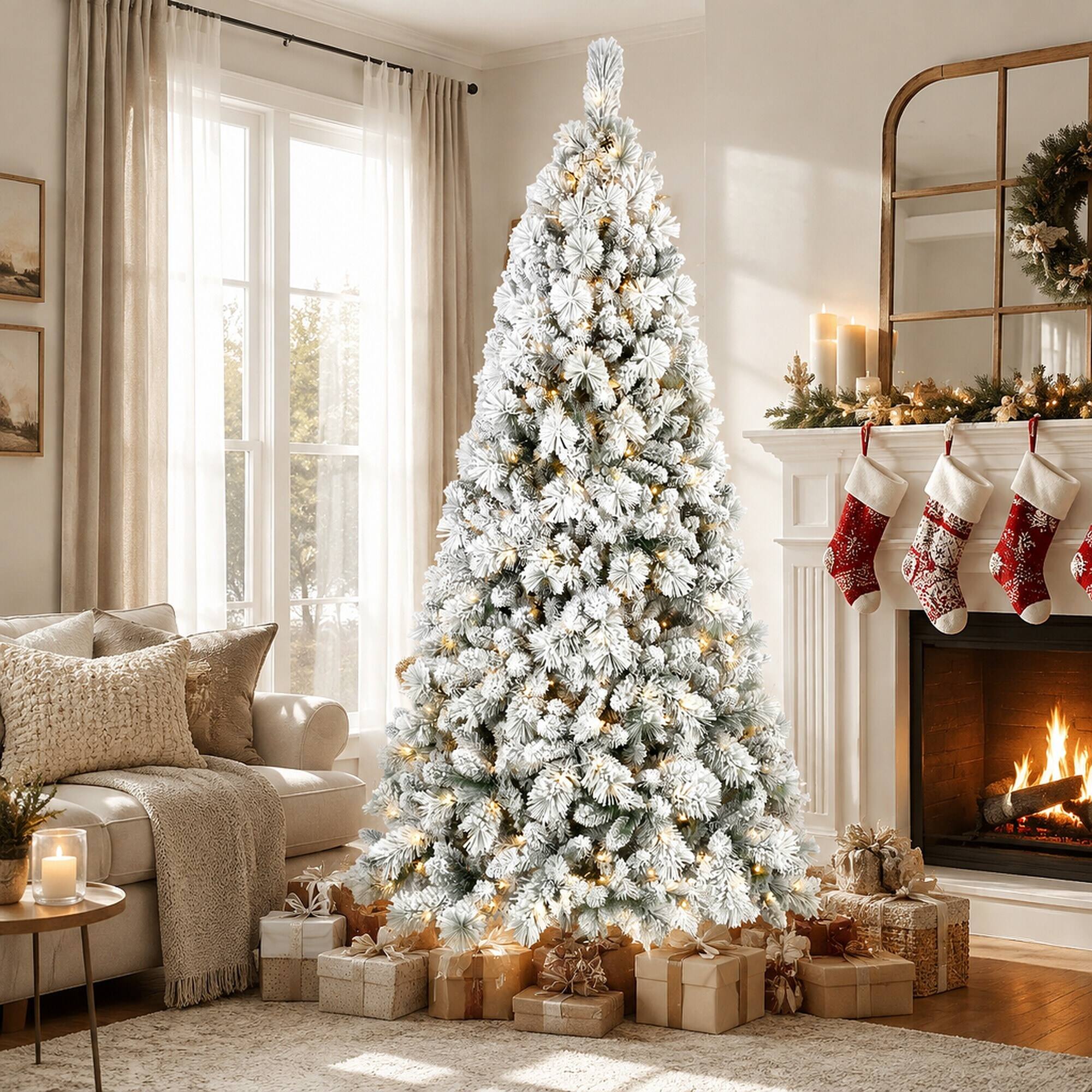 Angle. RYHNUYNE - 7FT Flocked Pre-Lit Christmas Tree,450 Warm White LED Lights 1060 Tips PVC Hard Needle Hinged Design - Green,White.