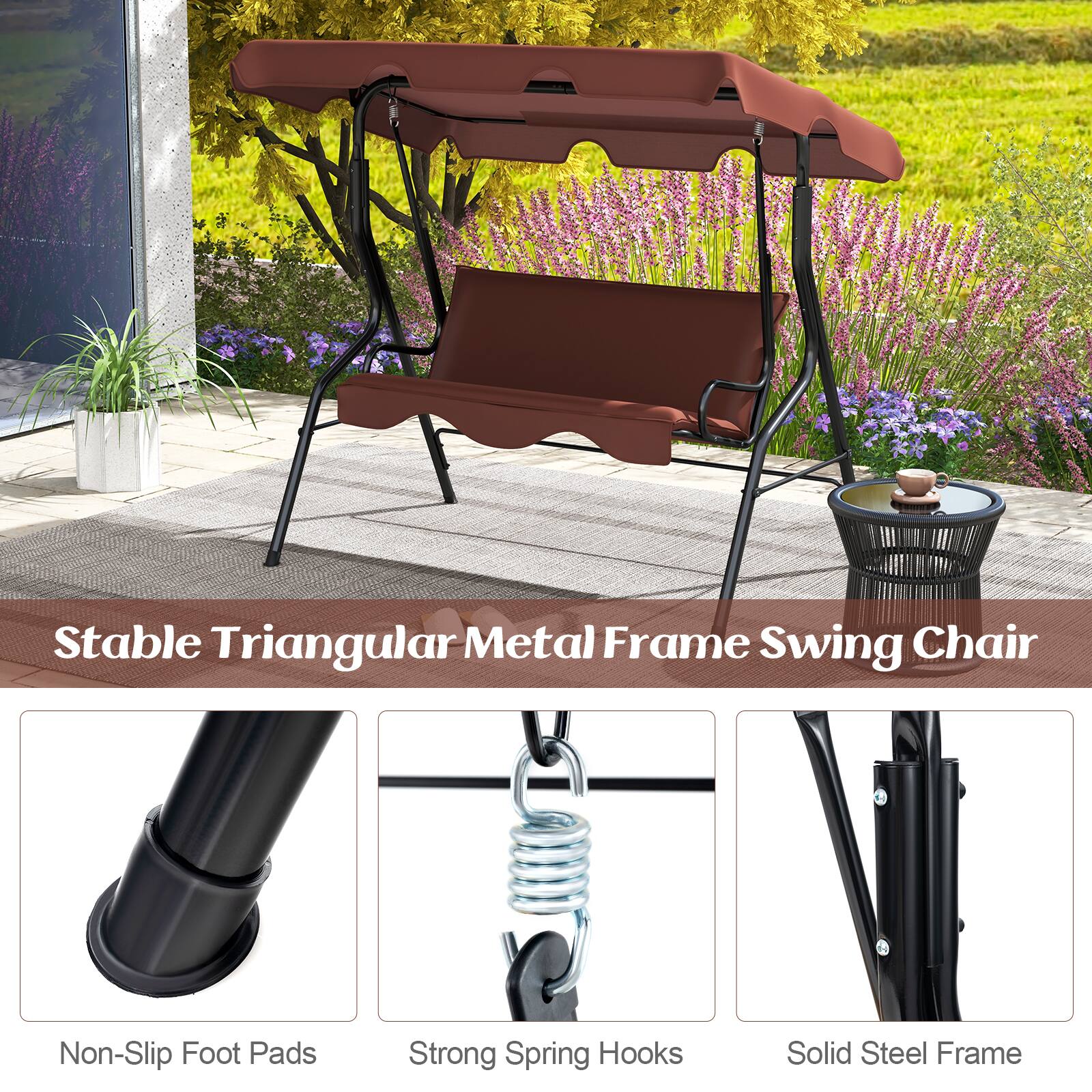 Stable Triangular Metal Frame Swing Chair

- Non-Slip Foot Pads
- Strong Spring Hooks
- Solid Steel Frame