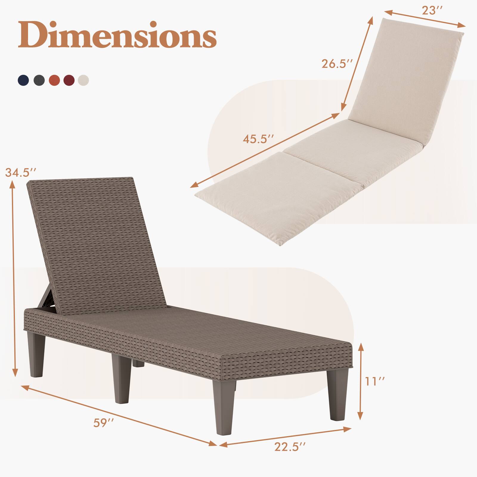 Dimensions  
- Length: 59"  
- Width: 22.5"  
- Height: 34.5"  
- Seat Height: 11"  
- Seat Depth: 23"  
- Back Height: 26.5"  
- Overall Length (reclined): 45.5"