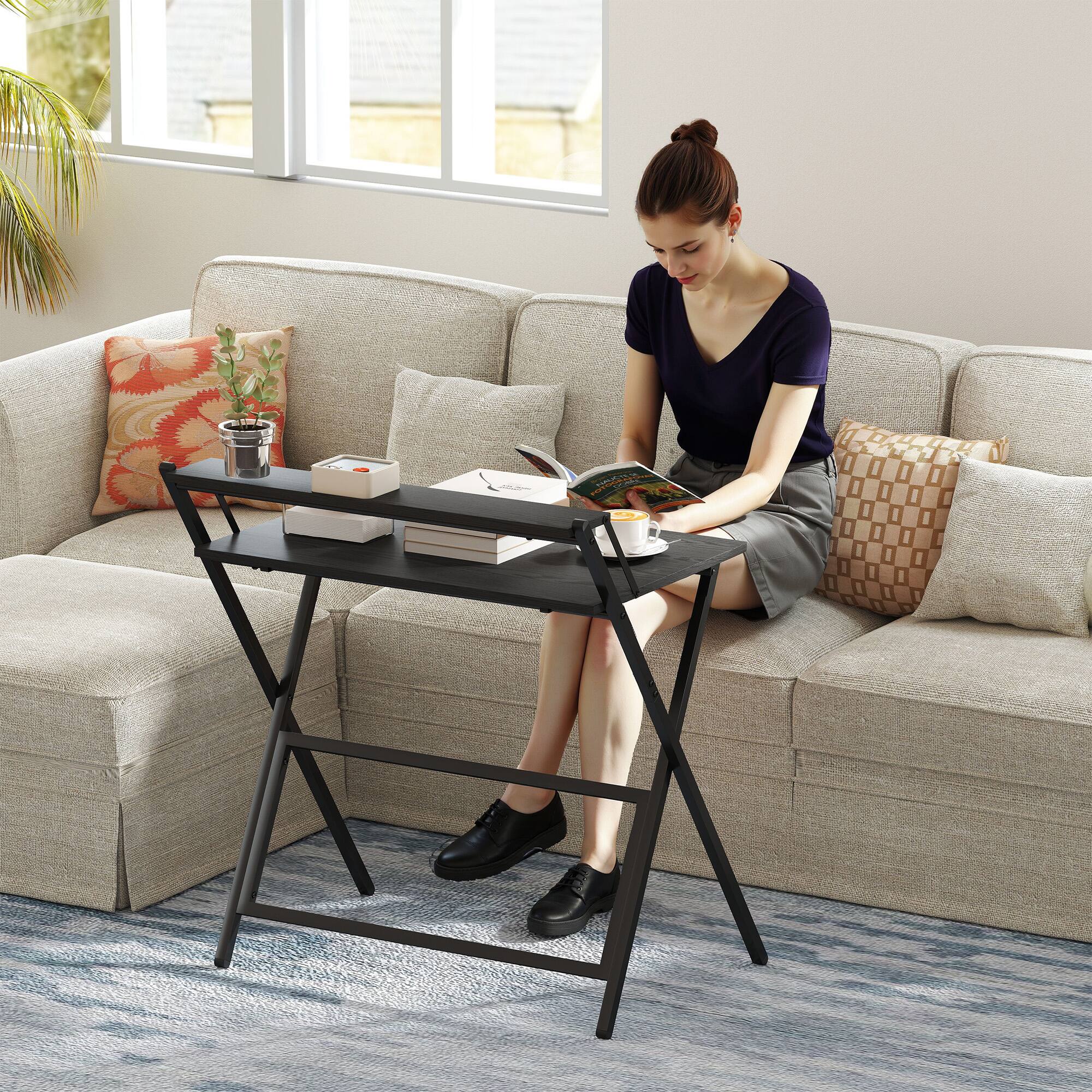 Alt View 7. Homcom - Small Folding Desk, 32 Inch Foldable Computer Desk with Monitor Shelf, Space Saving Portable Writing Table - Black.