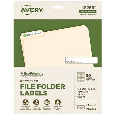 AVERY
48266
Monthly Budget
EcoFriendly COLLECTION
RECYCLED FILE FOLDER LABELS
30 LABELS PER SHEET
1/3 CUT - 3" x 3"
750 LABELS
25 SHEETS
WHITE
Labels Printed on 100% Recycled Paper
Chlorine Free
Compatible with Laser and Inkjet Printers
Recyclable
Processed with Renewable Energy
Adhesive Backing
Chlorine Free
LASER INKJET