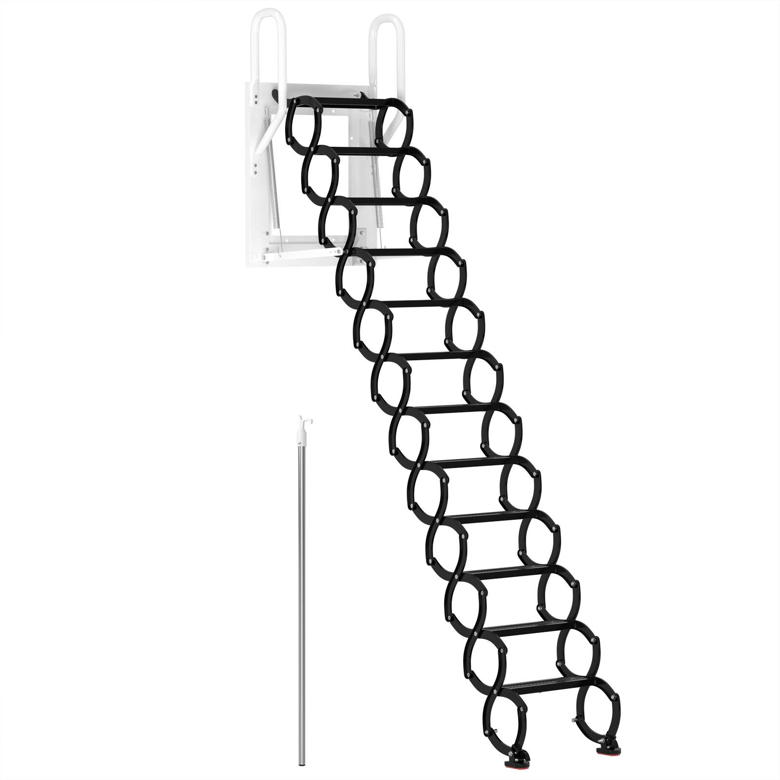 Alt View 3. Topteng - 12-Step Wall Mounted Folding Ladder - Black Loft Attic Stairs, Alloy Steel, 600lb Load, Pull-Down Design for Home Attic - Black.