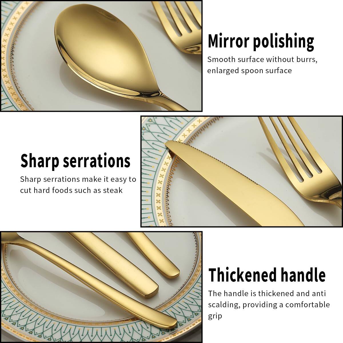 Alt View 2. Dazzed Corner - Gold Wedding Silverware Set 60pcs Service for 20, Titanium Plating Stainless Steel - NY22XH7.