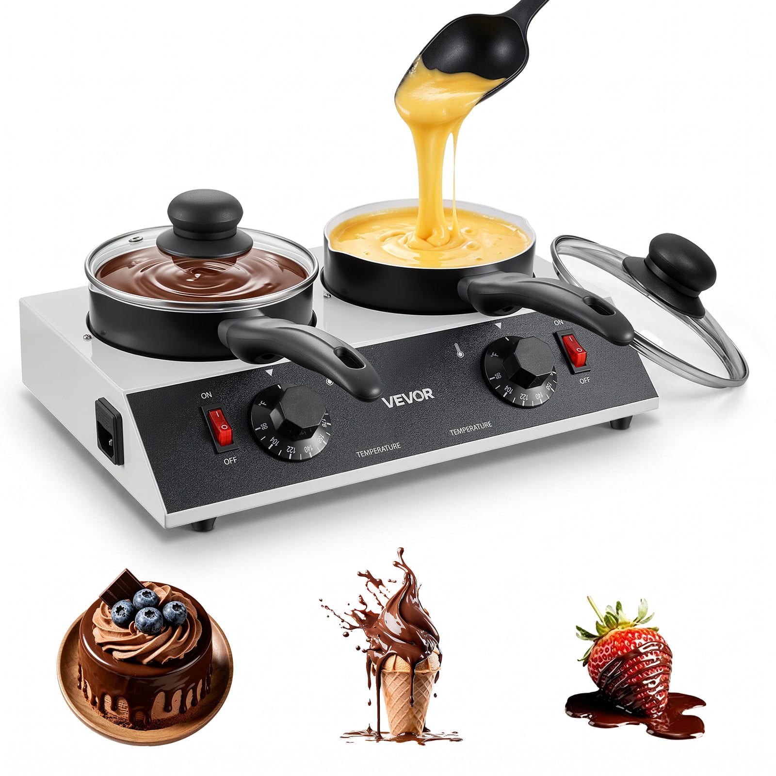 VEVOR - Chocolate Melting Pot - 2 x 1 QT Pots, 86℉ - 185℉ Choc Warm Machine, 80W Even Cheese Melter, 2 Knobs Temp Control - White;Black