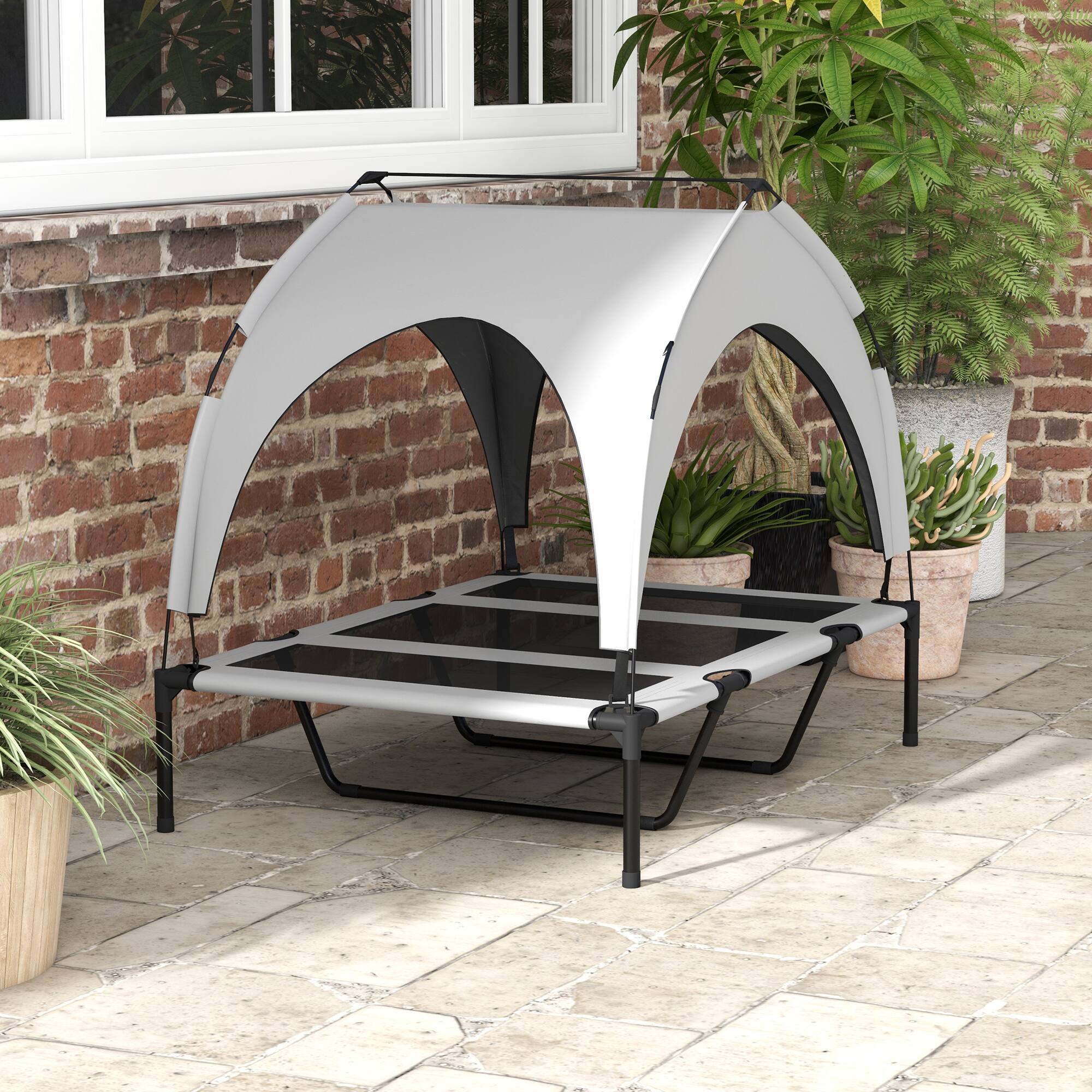 Alt View 8. Pawhut - Dog Bed with Canopy, Raised Outdoor Pet Bed for Camping with Washable Breathable Mesh - Light Gray.