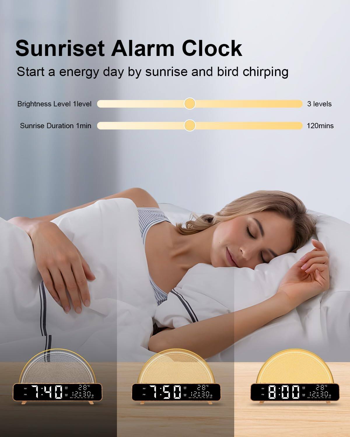 Sunriset Alarm Clock  
Start a energy day by sunrise and bird chirping  

Brightness Level: 1 level (out of 3 levels)  
Sunrise Duration: 1min (out of 120mins)  

7:40 AM  
28°C  
12:30 PM  

7:50 AM  
28°C  
12:30 PM  

8:00 AM  
28°C  
12:30 PM