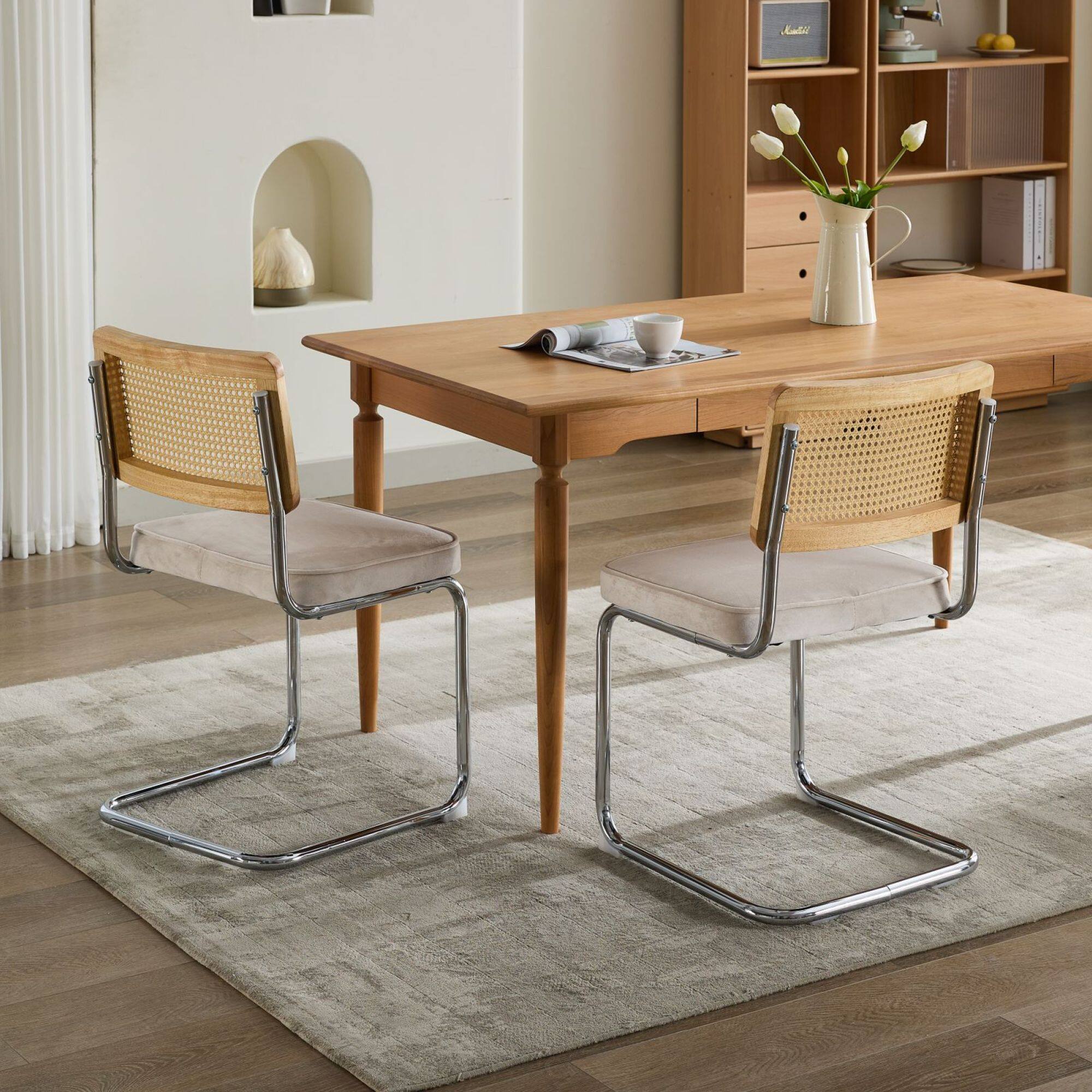 Alt View 9. GOODSILO - Mid Century Modern Dining Chairs Set of Two with Velvet Upholstery and Cane Back - Beige.