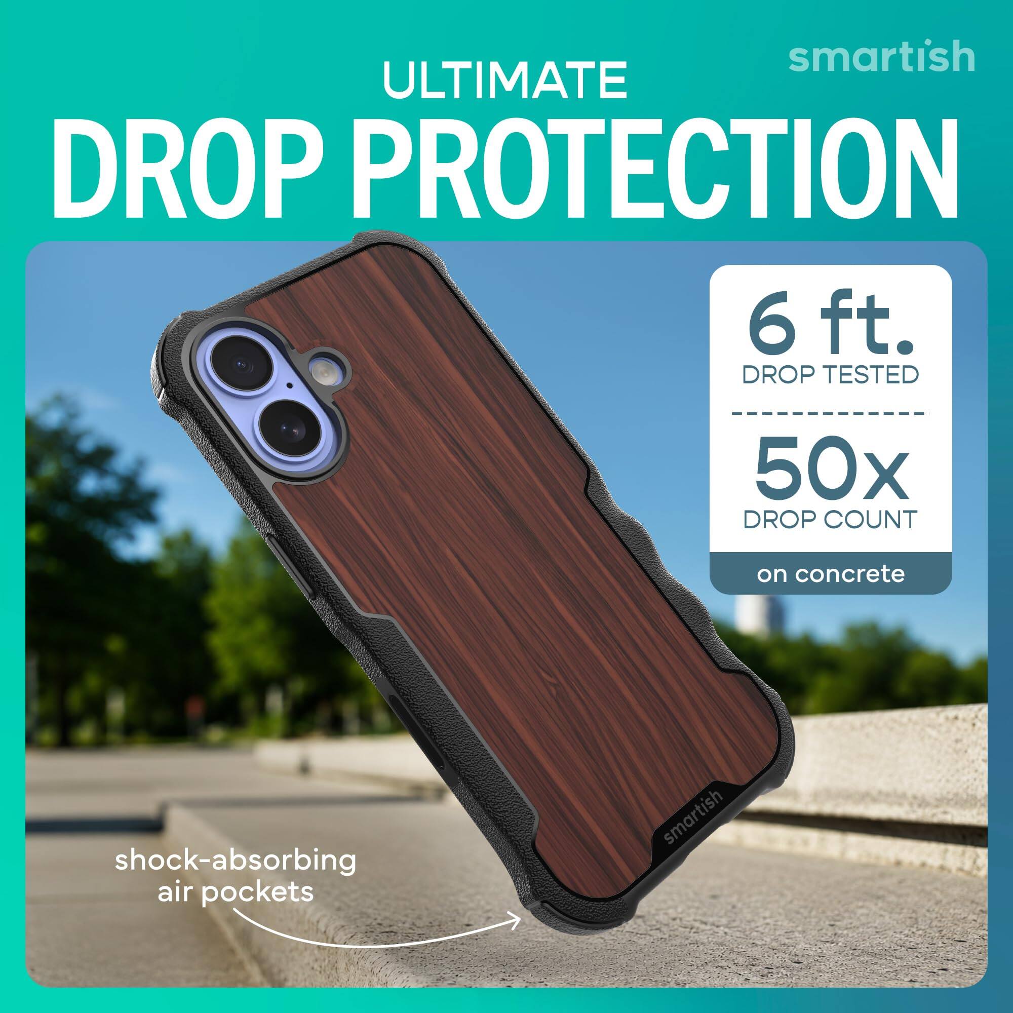smartish ULTIMATE DROP PROTECTION  
6 ft. DROP TESTED  
50x DROP COUNT  
on concrete  
shock-absorbing air pockets  
smartish
