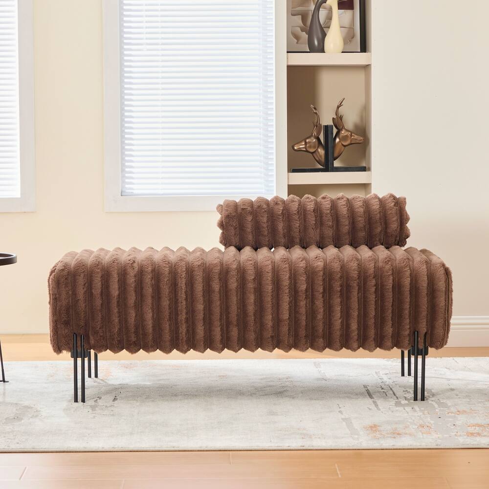 Angle. Ropilly - Ropilly Brown Upholstered Mini Loveseat Adjustable Back Bedroom Bench Small Sofa Metal Leg Window Ottoman Footrest - Brown.