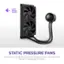 Static Pressure Fans push air through the radiator to dissipate heat, with a Zero RPM Mode for silence at low loads.