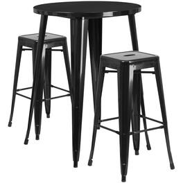 Emma + Oliver - Commercial Grade 30" Round Metal Indoor-Outdoor Bar Table Set, 2 Backless Stools - Black