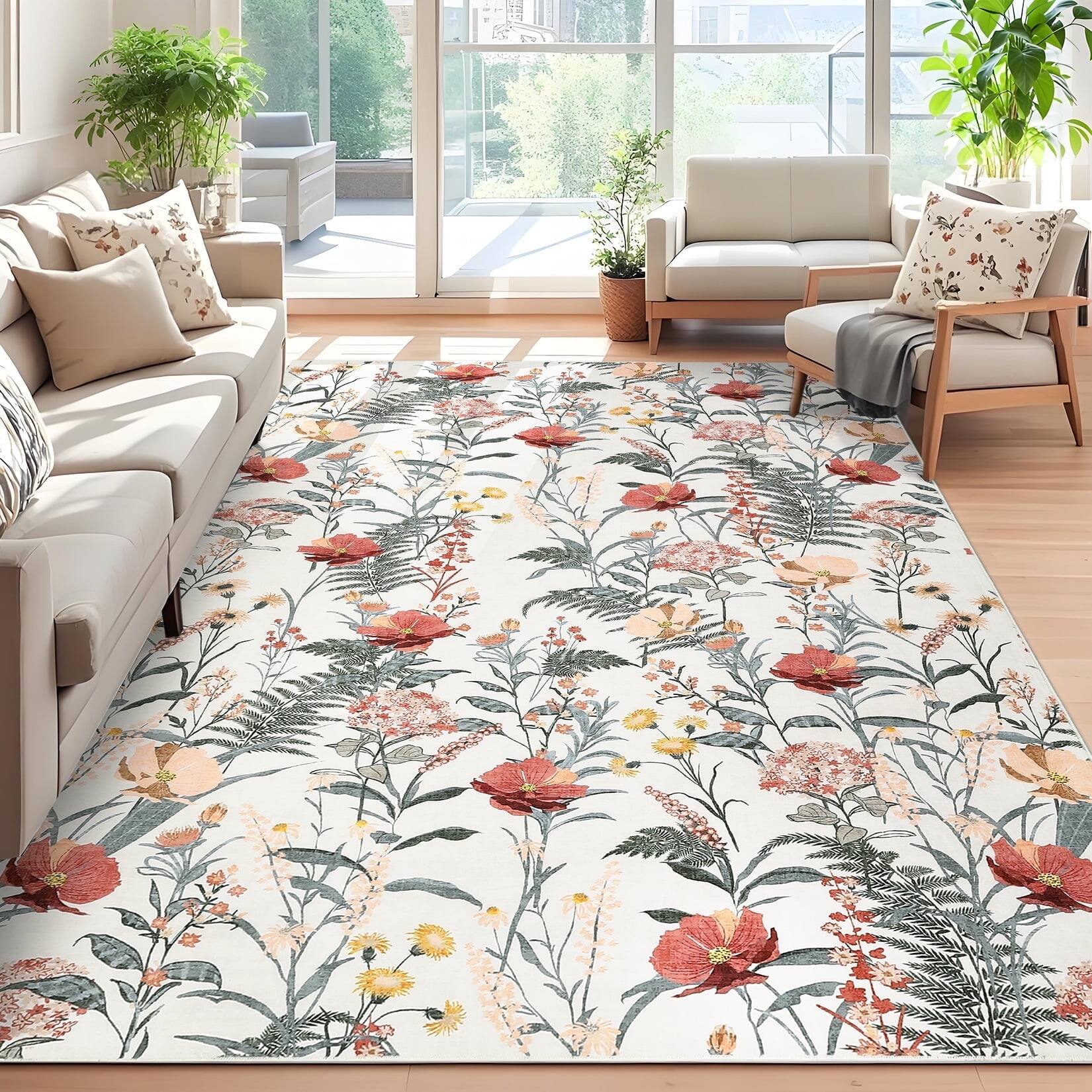 Front. Homhougo - 10x13 Modern Floral Area Rug, Washable Farmhouse Non-Slip Low Pile for Living Room Beige - Beige.
