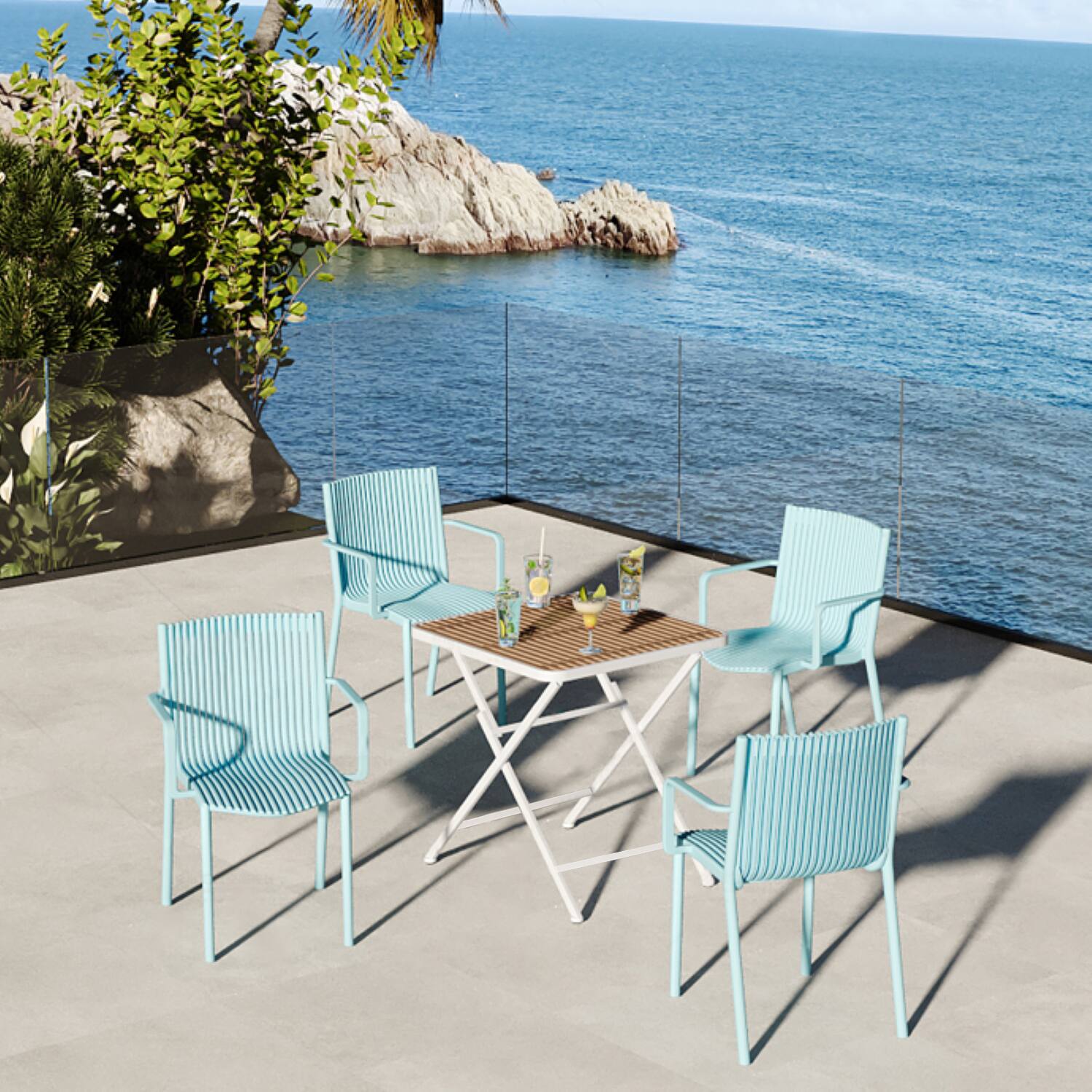 Left. Mondawe - 5-Piece Outdoor Dining Set – Square Folding Table with 4 Stackable PP Armchair - Blue+White.