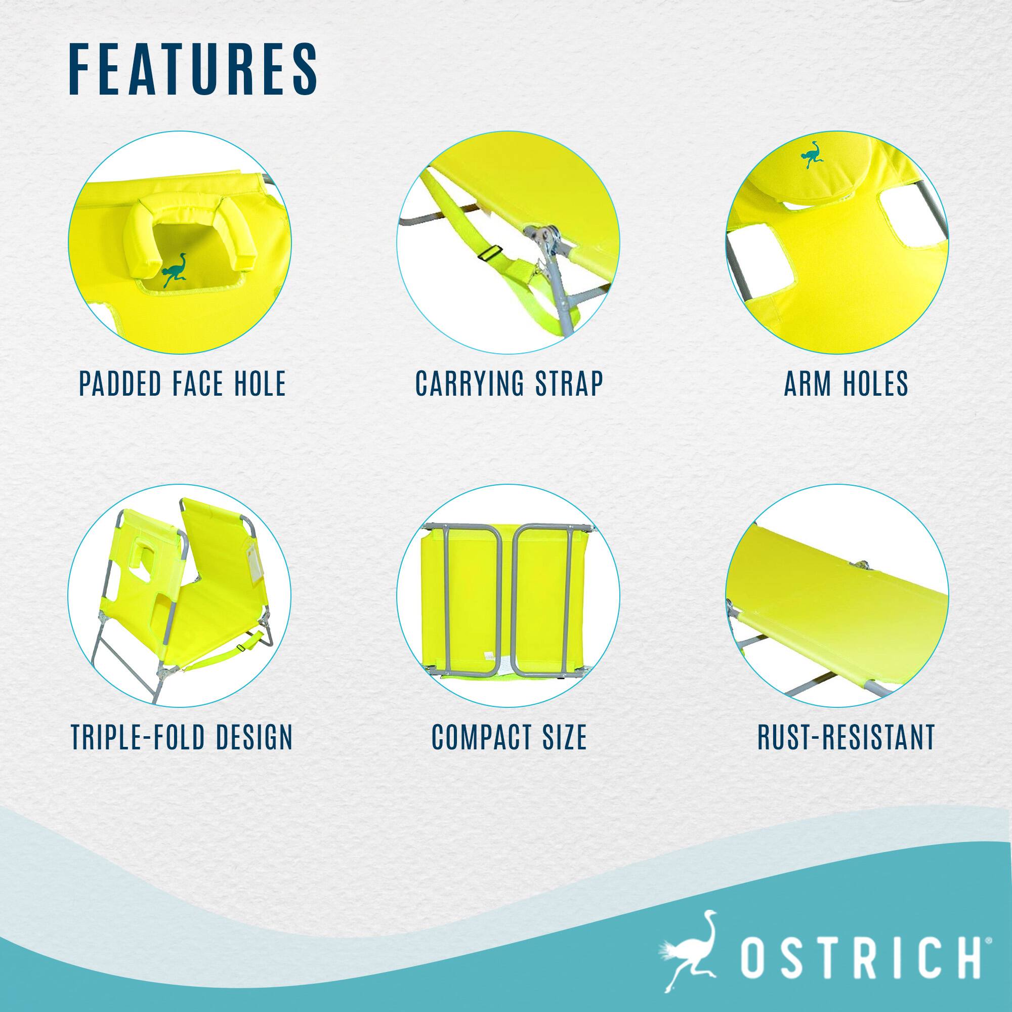 Sure, here is the corrected and grouped text from the image:

**FEATURES**

- PADDED FACE HOLE
- CARRYING STRAP
- ARM HOLES
- TRIPLE-FOLD DESIGN
- COMPACT SIZE
- RUST-RESISTANT

**OSTRICH**