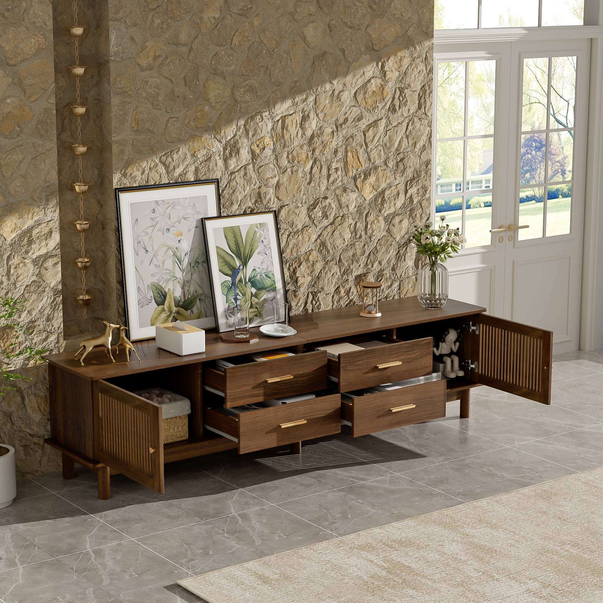 Left. MERAVOM - Modern TV Stand for TVs Up to 85", 78" Entertainment Center with Slatted Doors, 4 Drawers, Media Console for Living Room - Walnut.