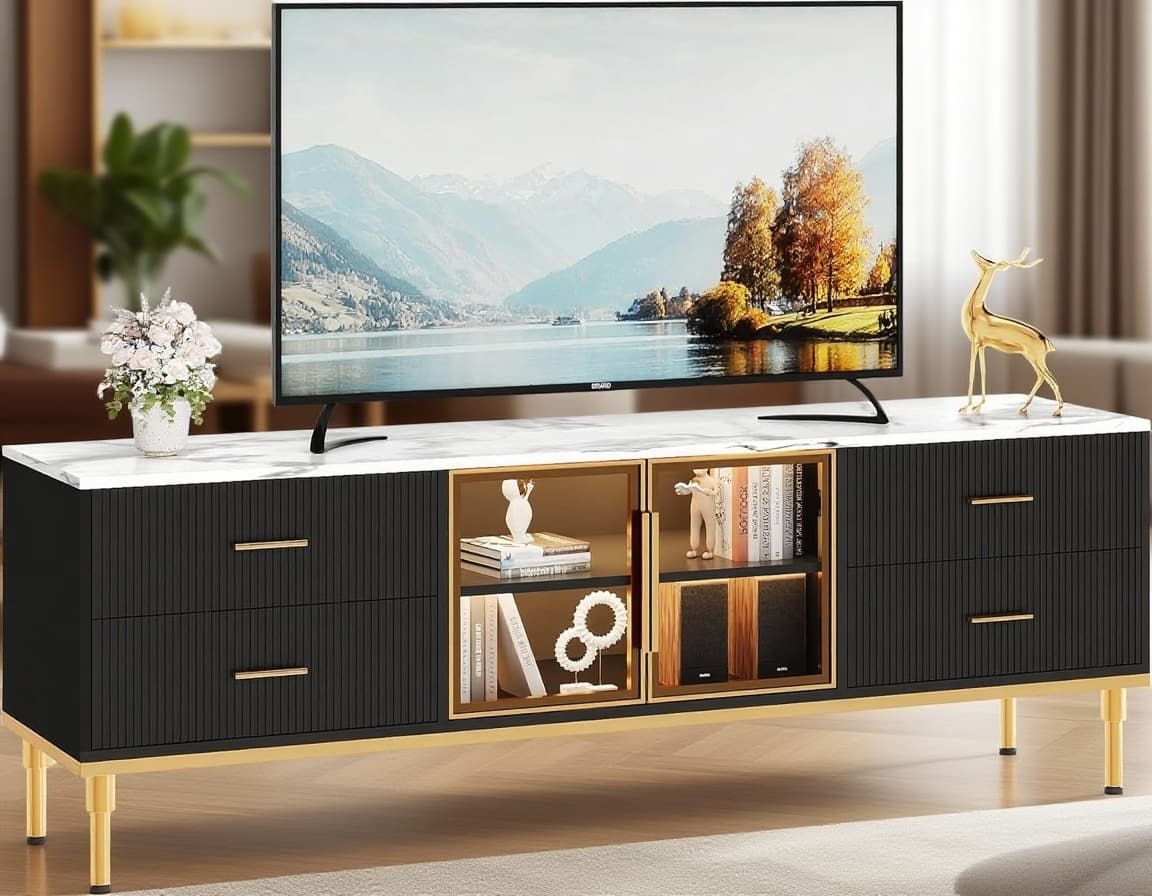 GARVEE - LED TV Stand, with 4 Drawers, Up to 75 Inch - Black