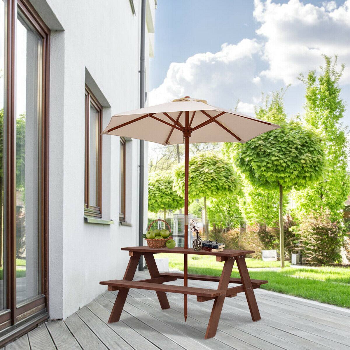 Alt View 2. Gymax - Gymax Children Outdoor 4 Seat Kids Picnic Table Bench with Folding Umbrella - Brown.