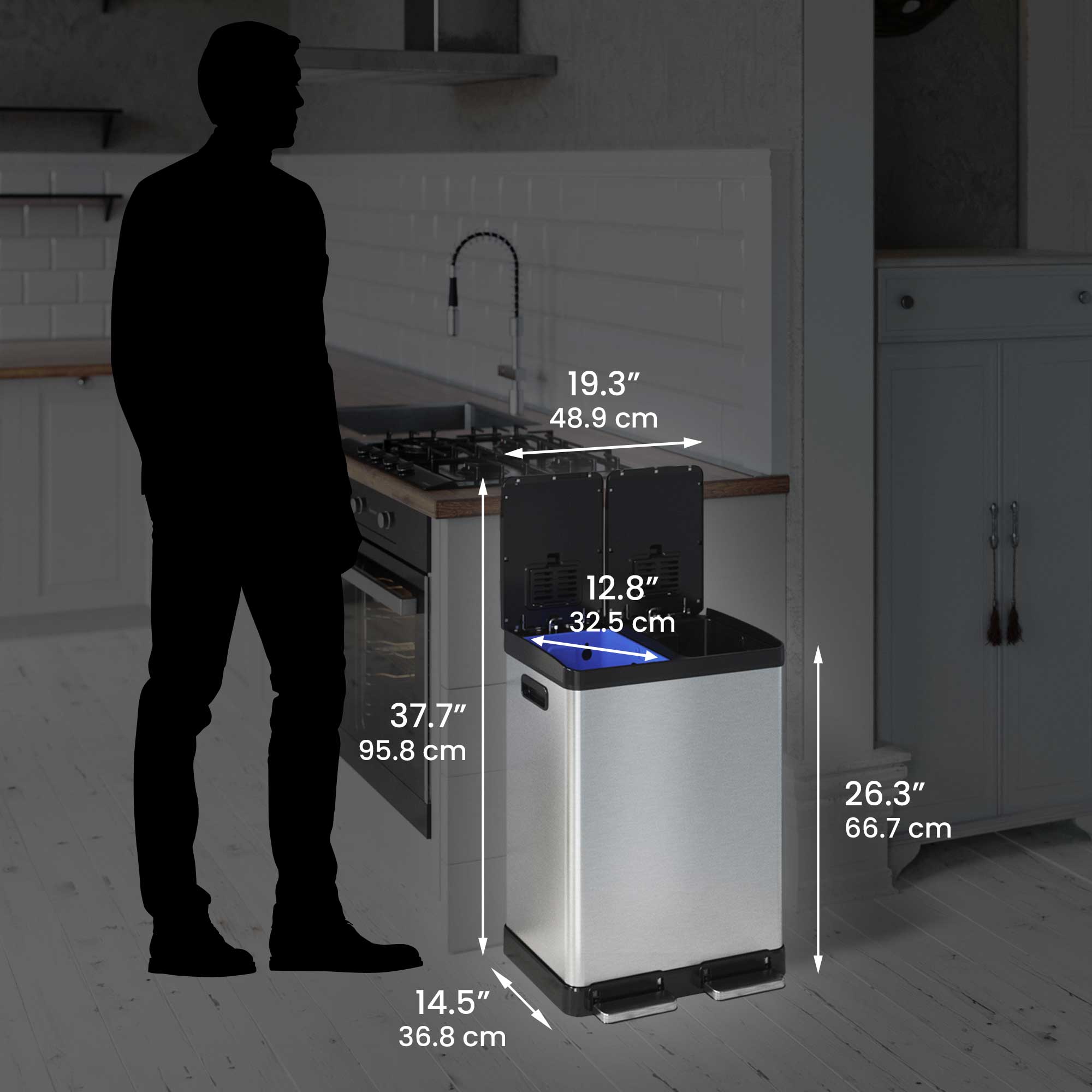 19.3" 48.9 cm  
12.8" 32.5 cm  
37.7" 95.8 cm  
26.3" 66.7 cm  
14.5" 36.8 cm