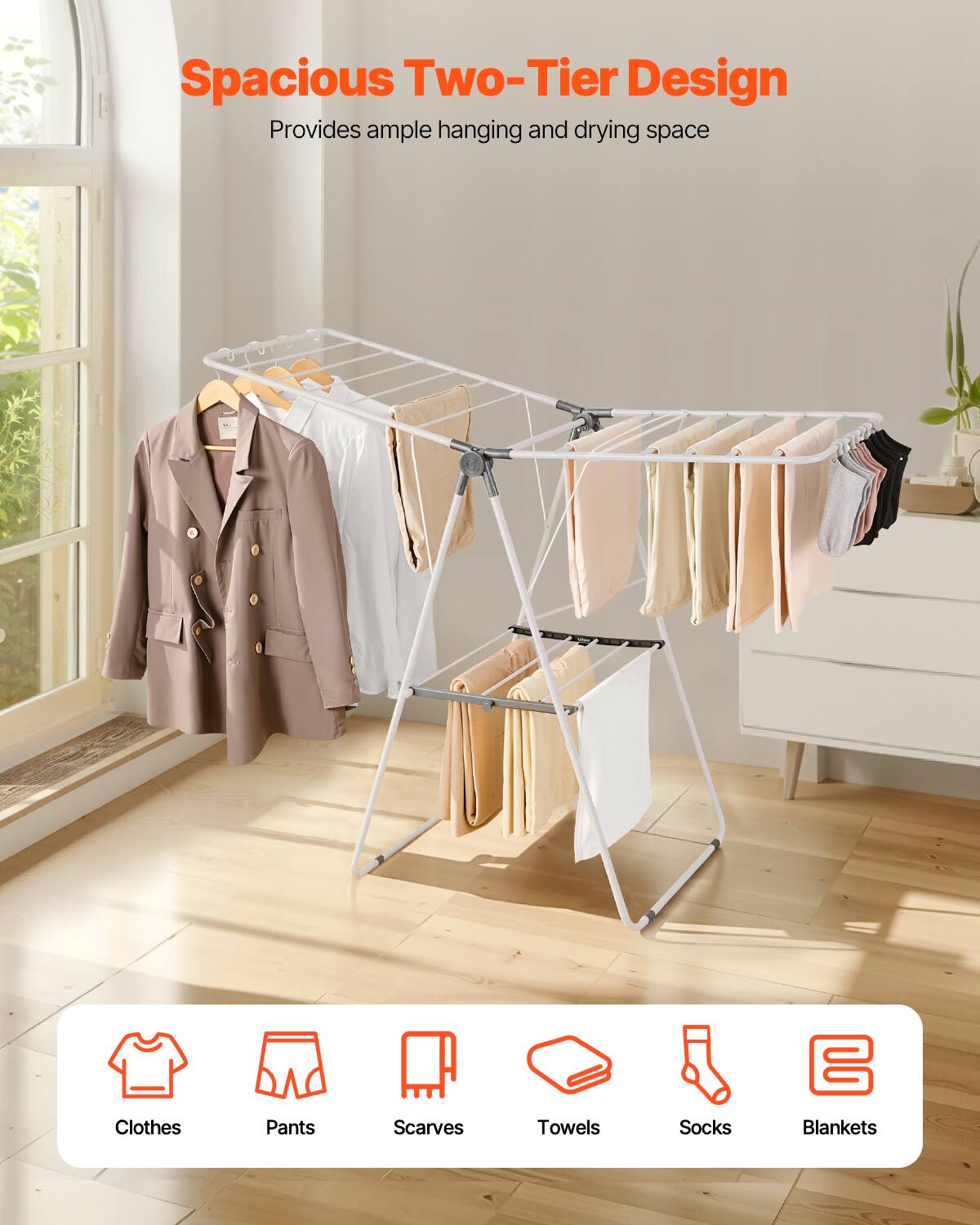 Spacious Two-Tier Design provides ample hanging and drying space for clothes, pants, scarves, towels, socks, and blankets.